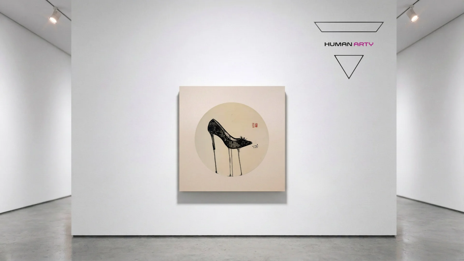 A minimalist gallery space features a square artwork of a high-heeled shoe with dripping legs, set against a neutral wall.