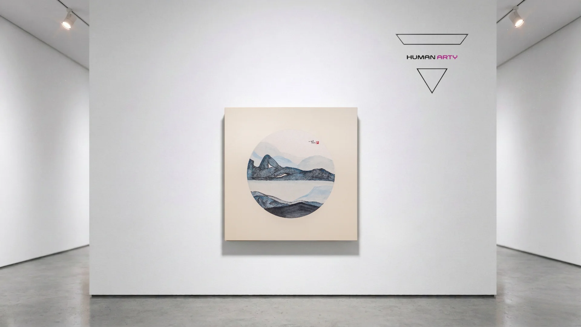 A minimalist gallery scene featuring a square painting with a circular landscape motif.