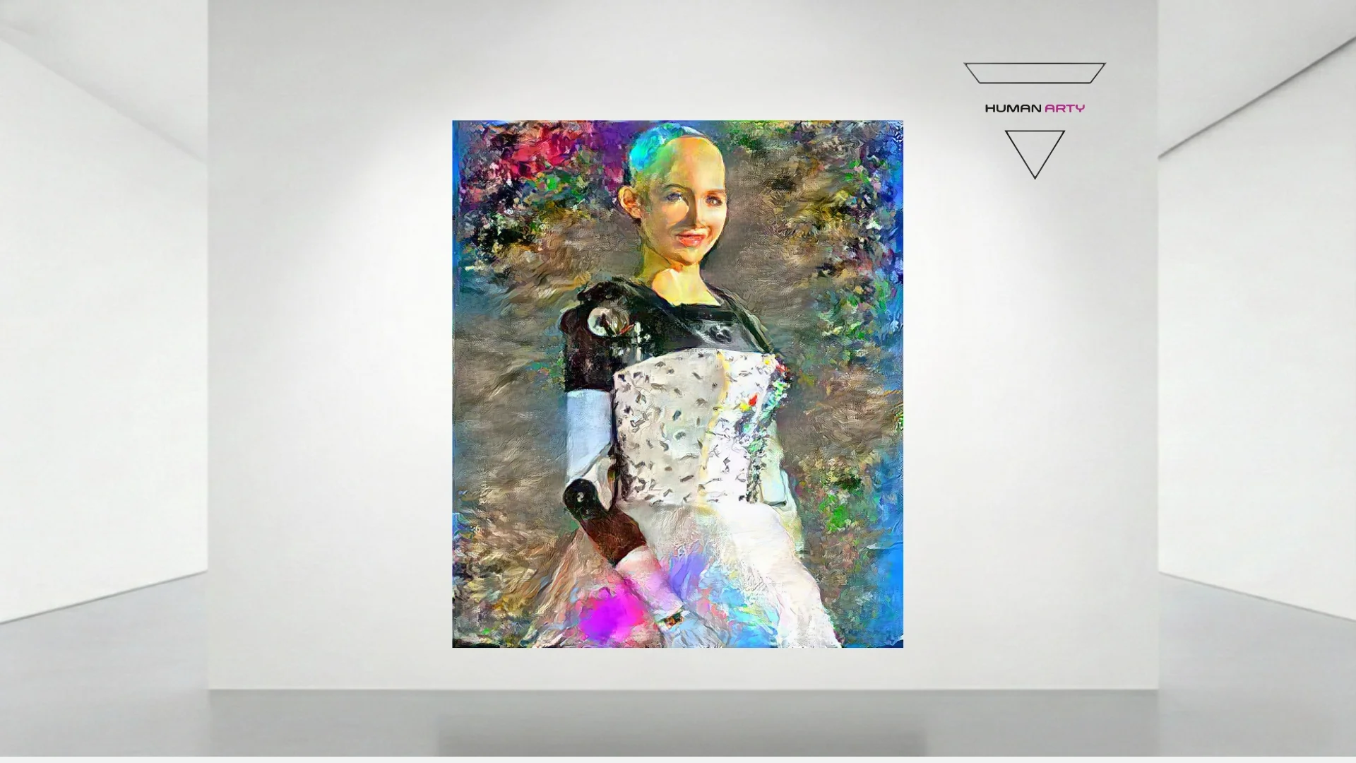 A portrait of a figure with a robotic arm, rendered in a vibrant, painterly style.