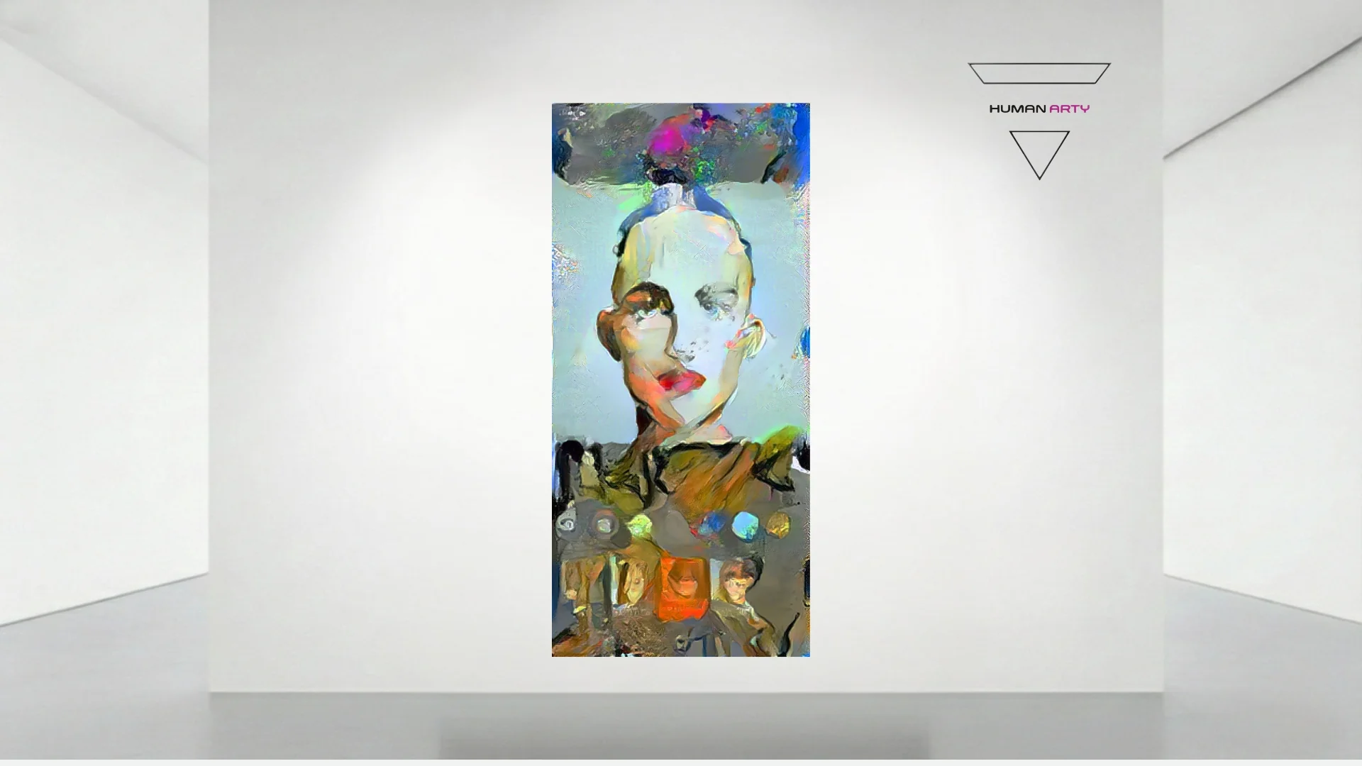 A vertical portrait featuring a stylized face with bold, abstract brushstrokes and a fragmented lower section.