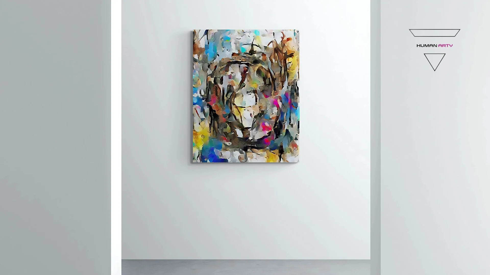 An abstract canvas print featuring a dynamic, colorful composition of expressive brushstrokes.