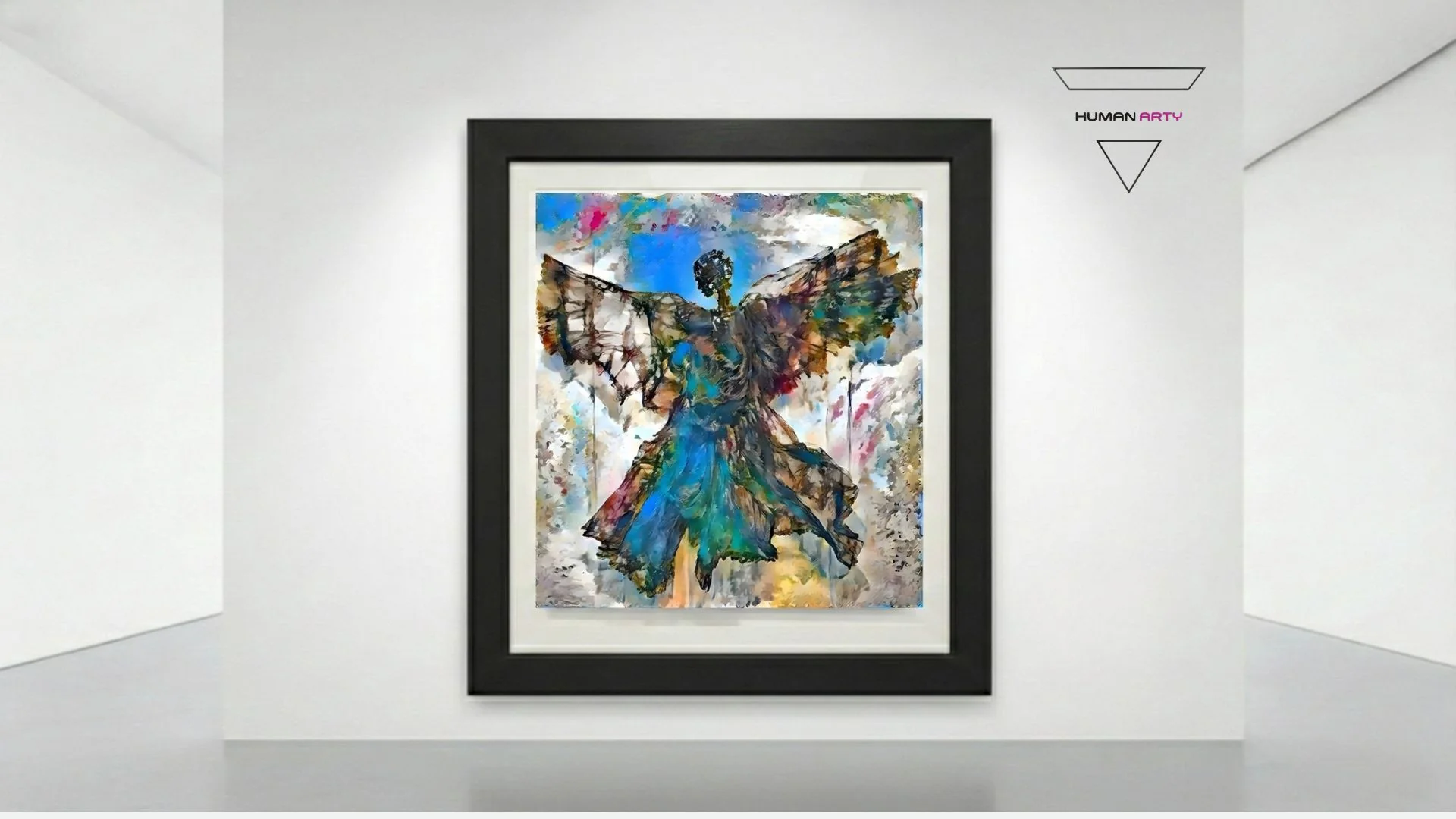 A framed painting of a winged figure in flowing robes against a colorful, abstract background.