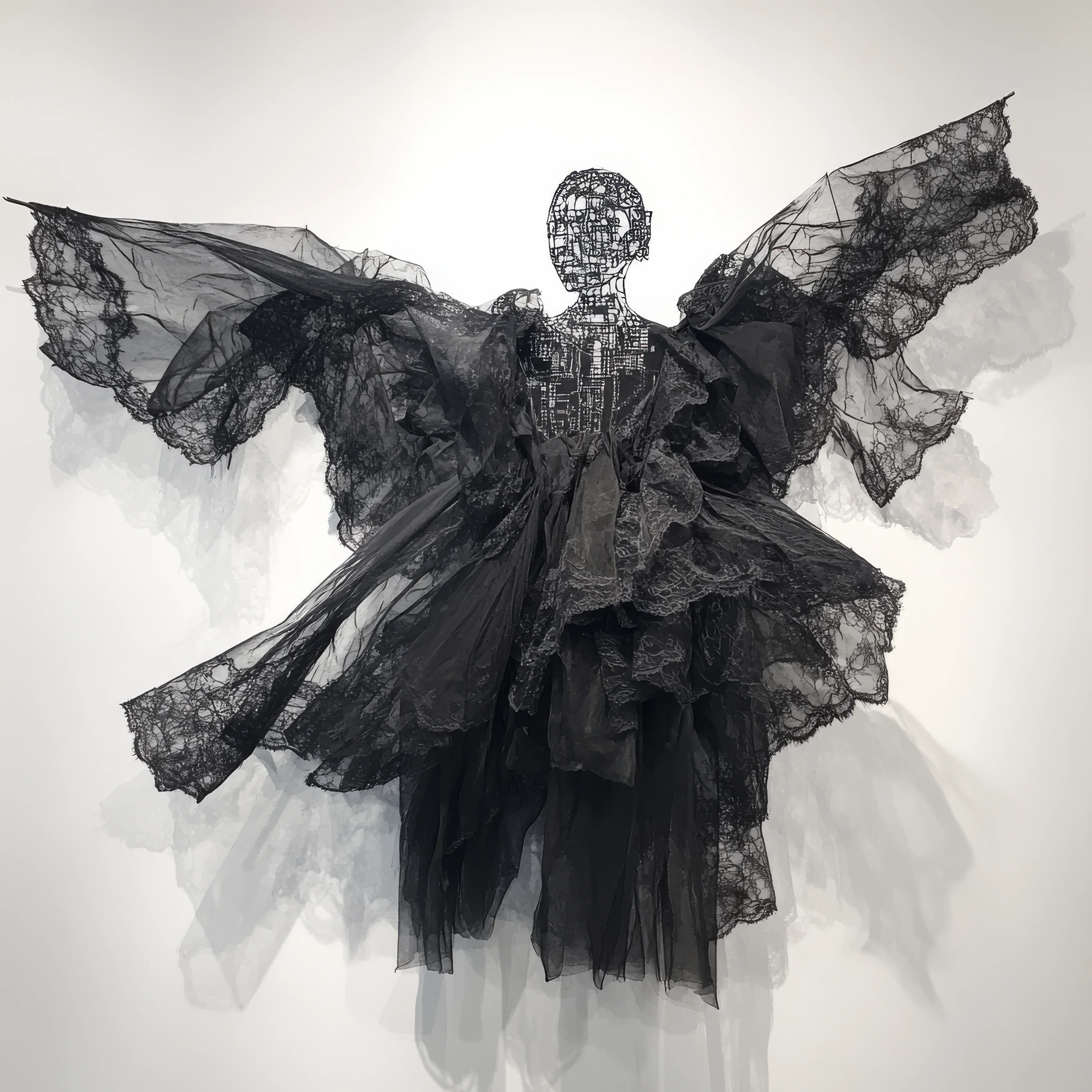 A framed black-and-white artwork of a figure with wings made of lace and wire.