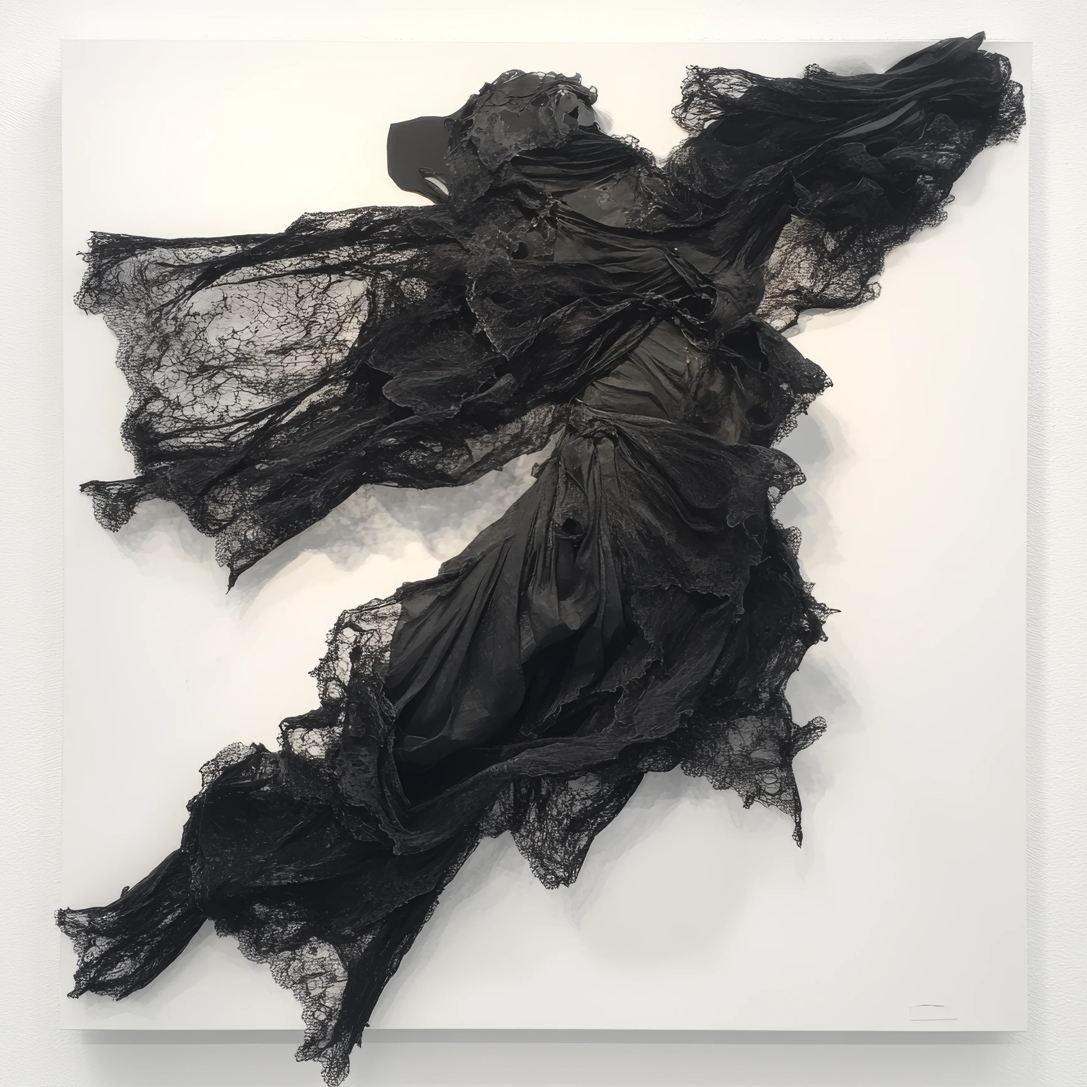 A framed artwork featuring a black, flowing fabric figure against a stark white background.