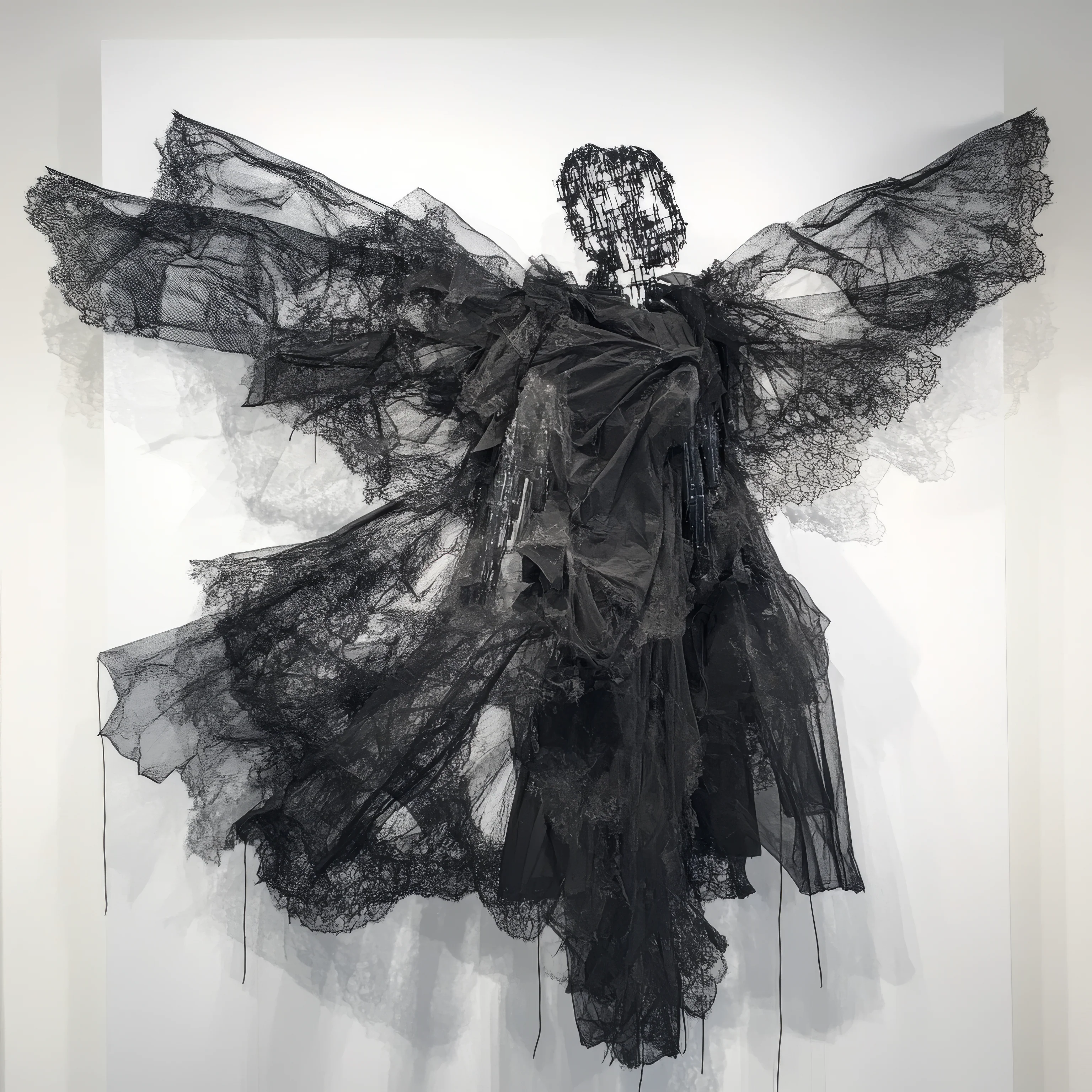 A framed black sculpture of a winged figure made from sheer, layered fabric against a stark white gallery wall.
