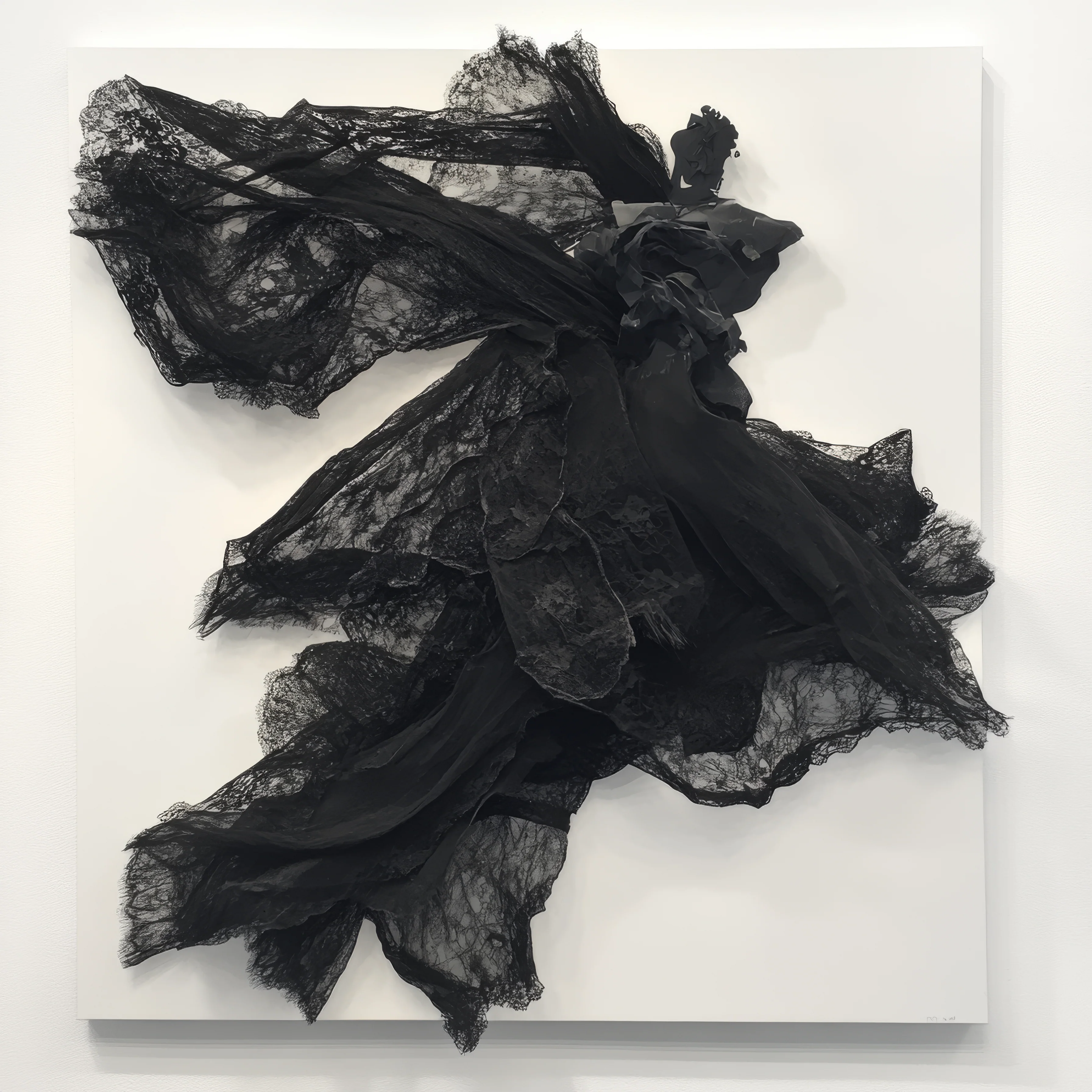 A black lace sculpture mounted on a white canvas within a minimalist gallery space.