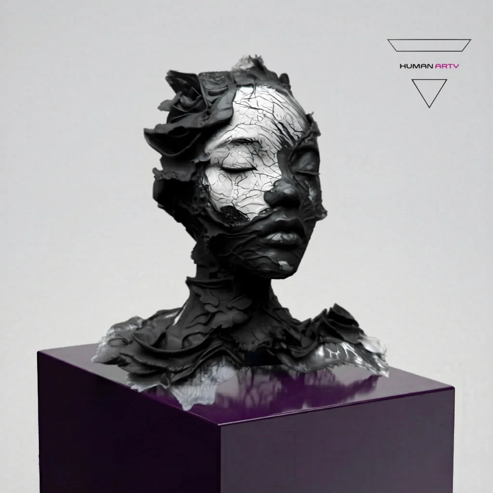 A surreal bust sculpture featuring a cracked, metallic face emerging from dark, organic textures.
