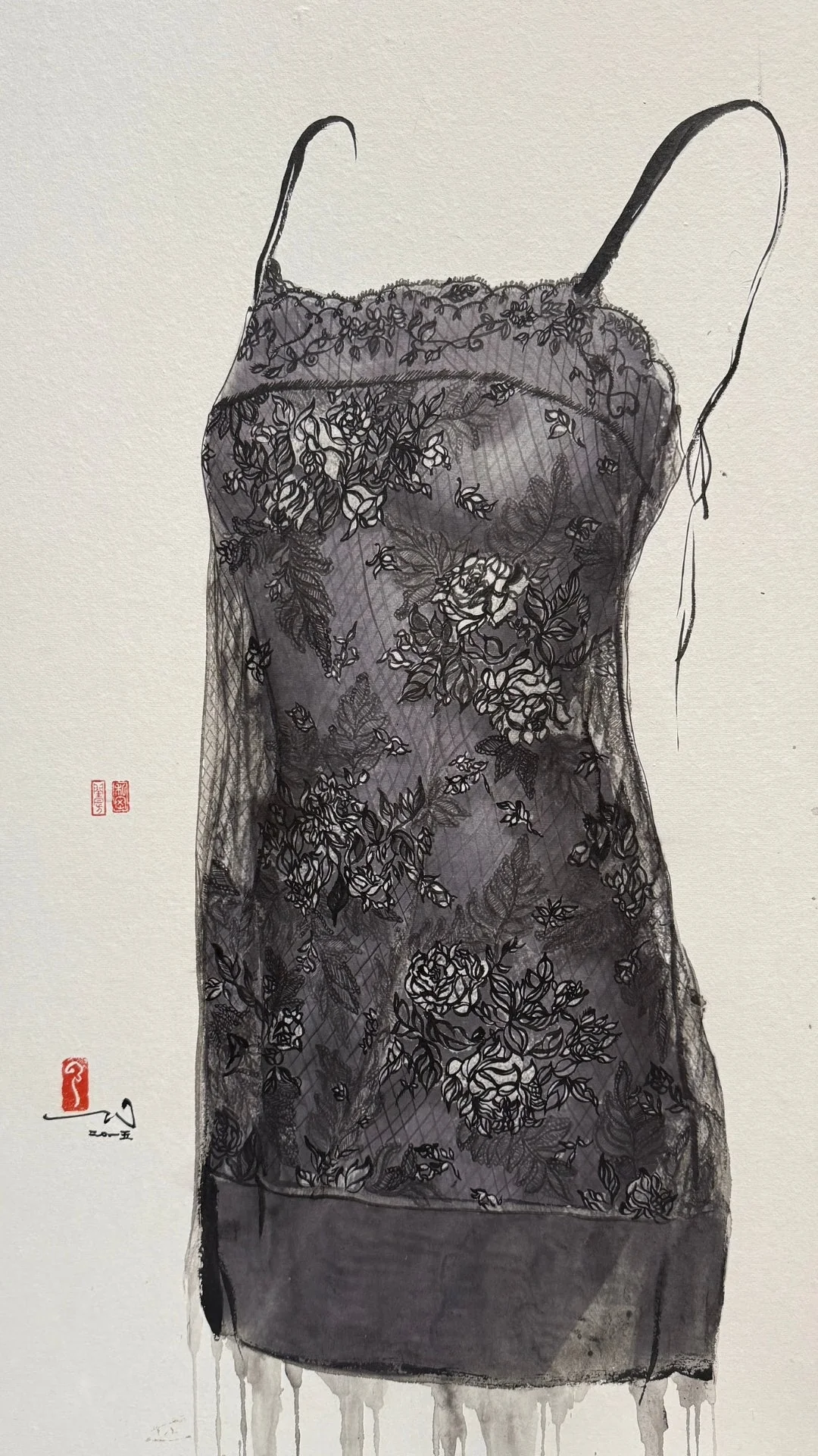 A framed ink painting of a floral-patterned dress displayed in a minimalist gallery space.