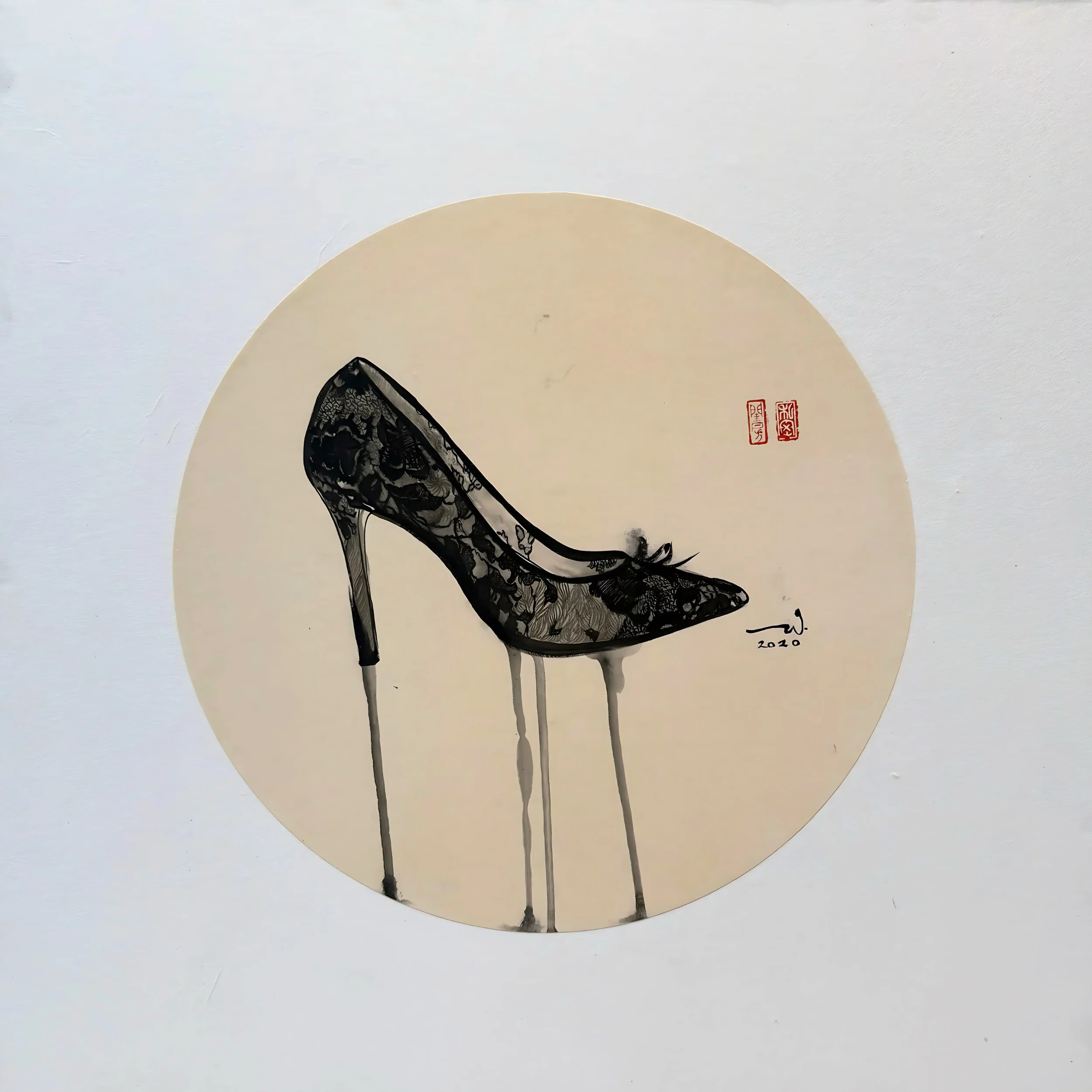 A minimalist gallery space features a square artwork of a high-heeled shoe with dripping legs, set against a neutral wall.