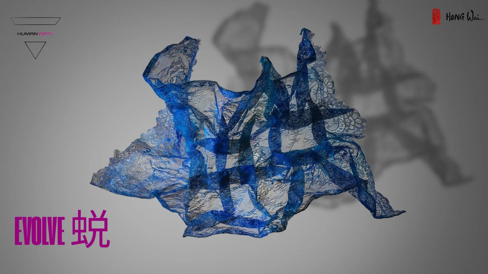 A gallery installation featuring two suspended, net-like sculptures in blue and black against a white backdrop.