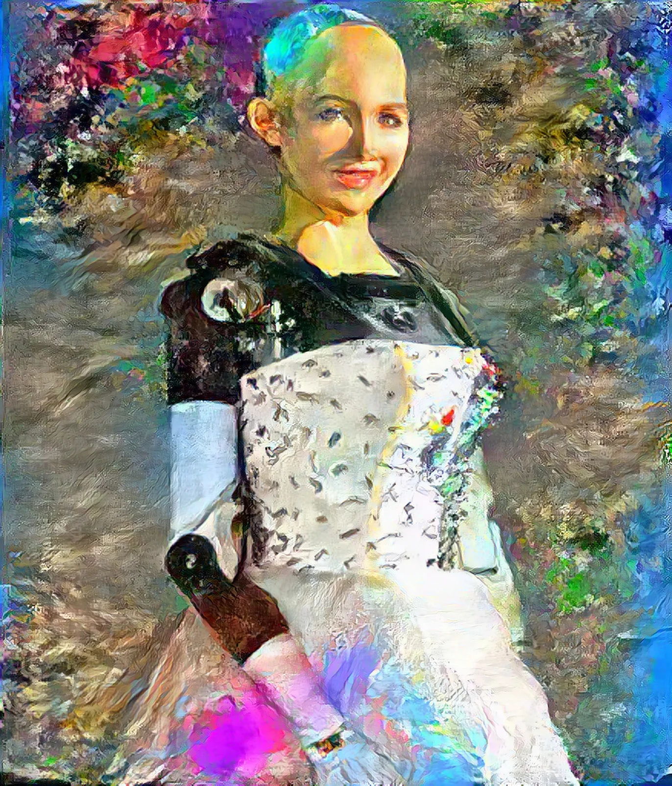 A portrait of a figure with a robotic arm, rendered in a vibrant, painterly style.