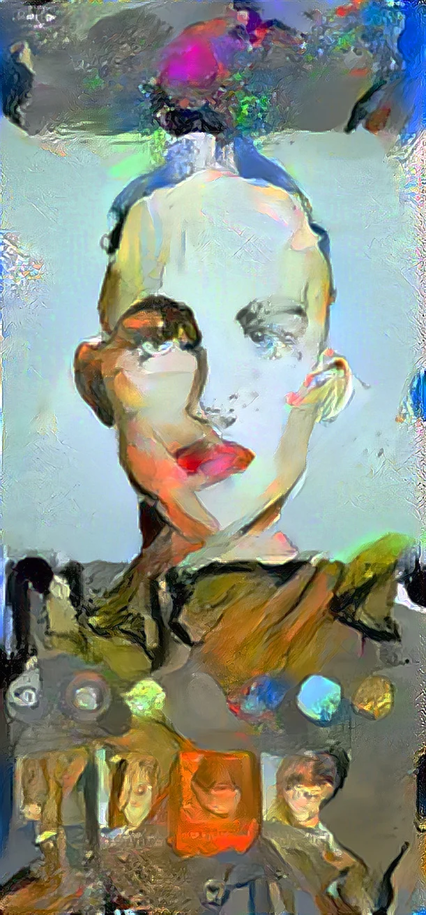 A vertical portrait featuring a stylized face with bold, abstract brushstrokes and a fragmented lower section.