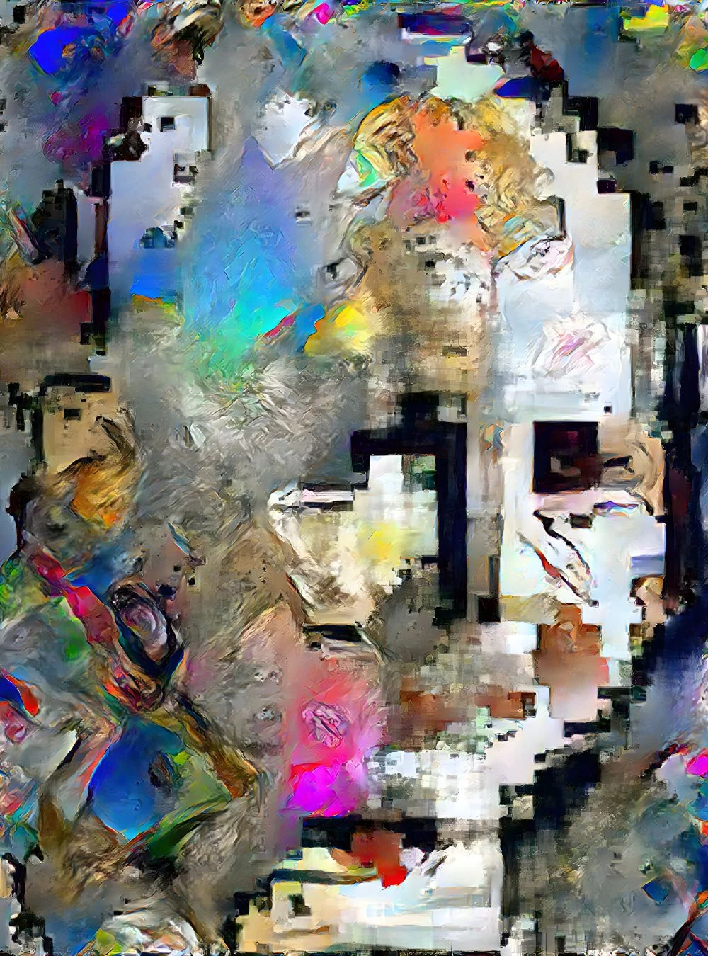 A vibrant abstract portrait rendered in a pixelated, digital glitch style.