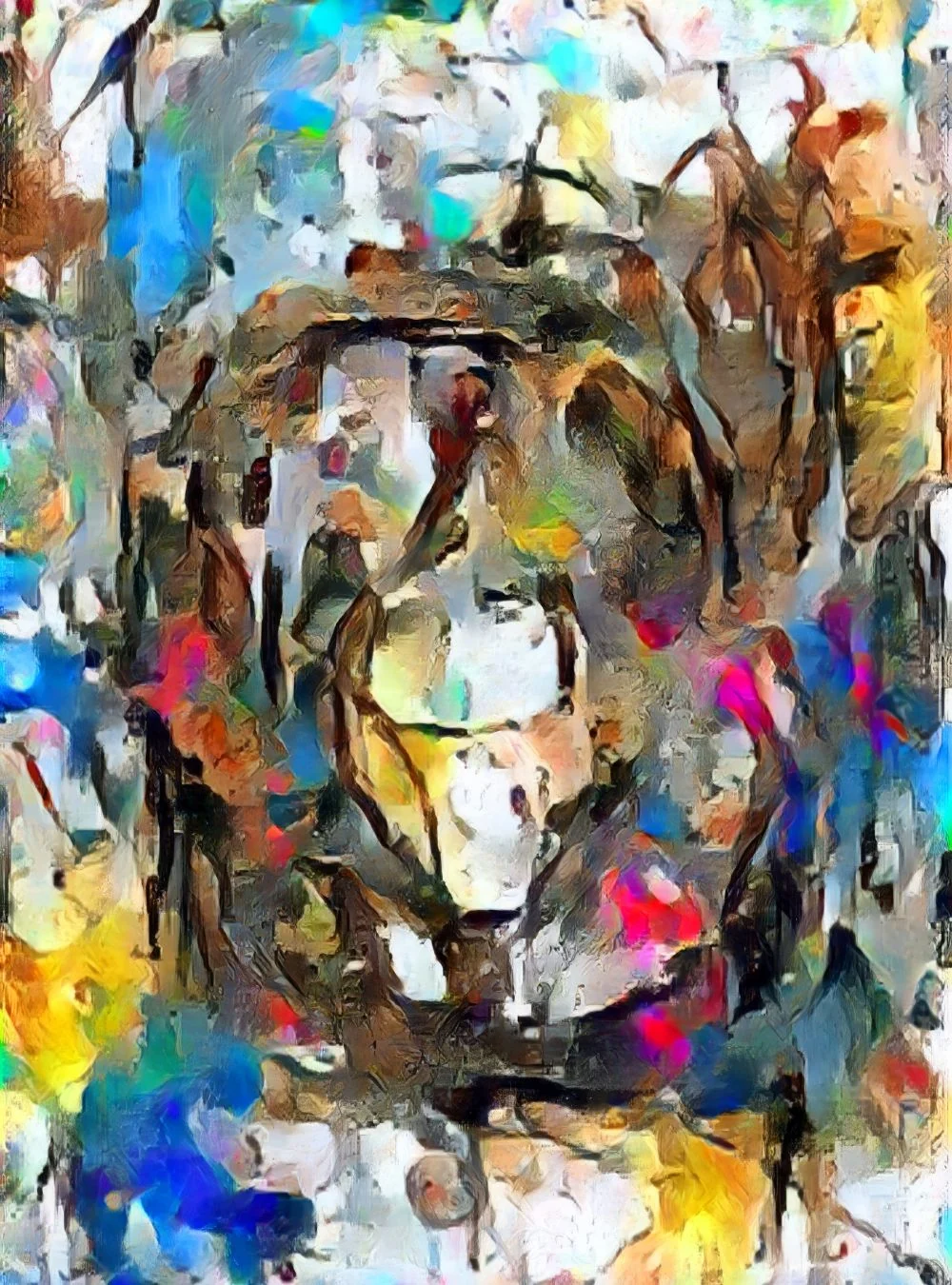 An abstract canvas print featuring a dynamic, colorful composition of expressive brushstrokes.