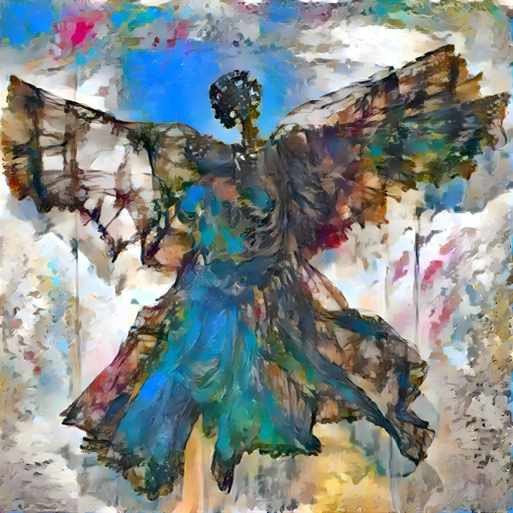 A framed painting of a winged figure in flowing robes against a colorful, abstract background.