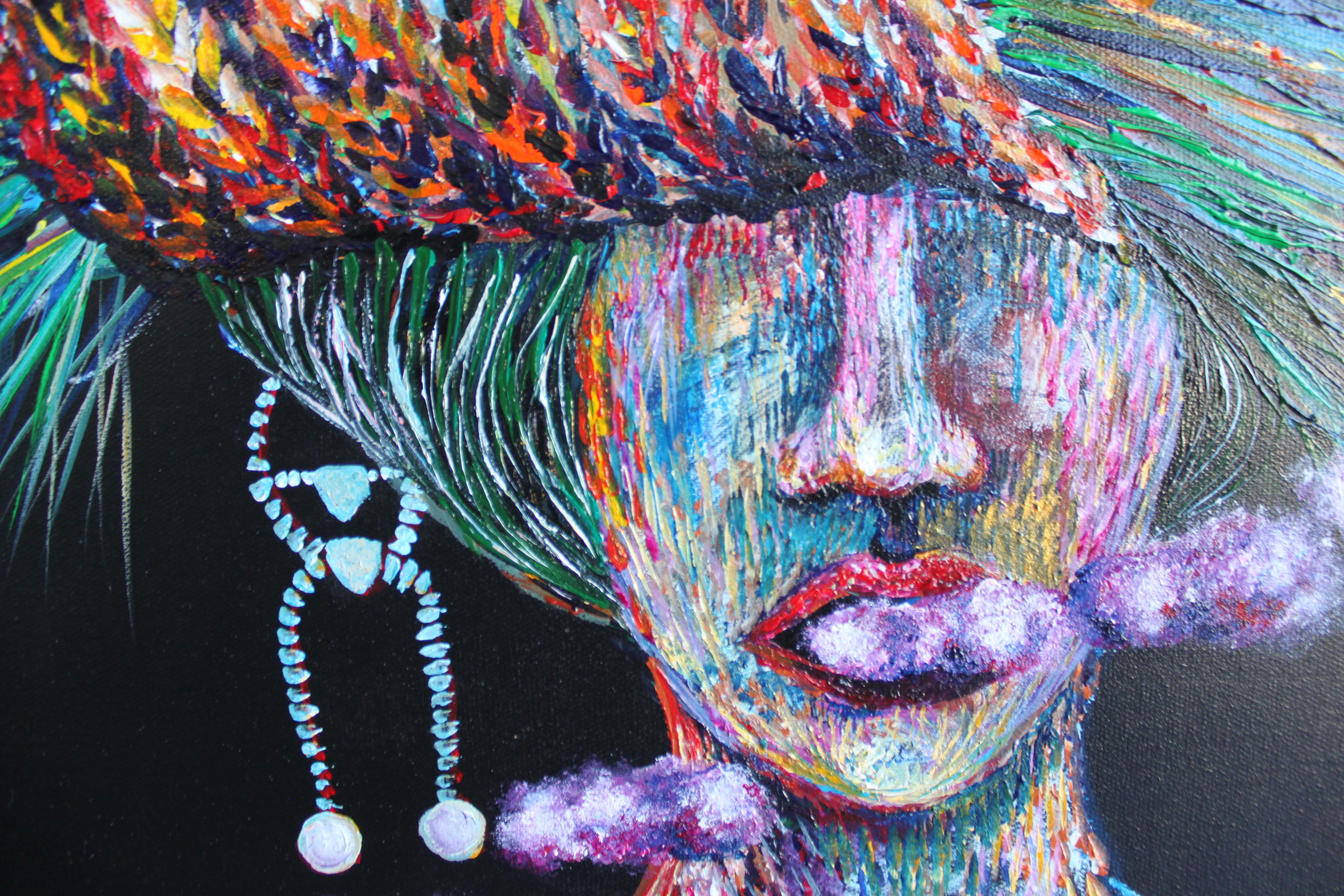 A painting of a woman with a colorful hat on a wall.