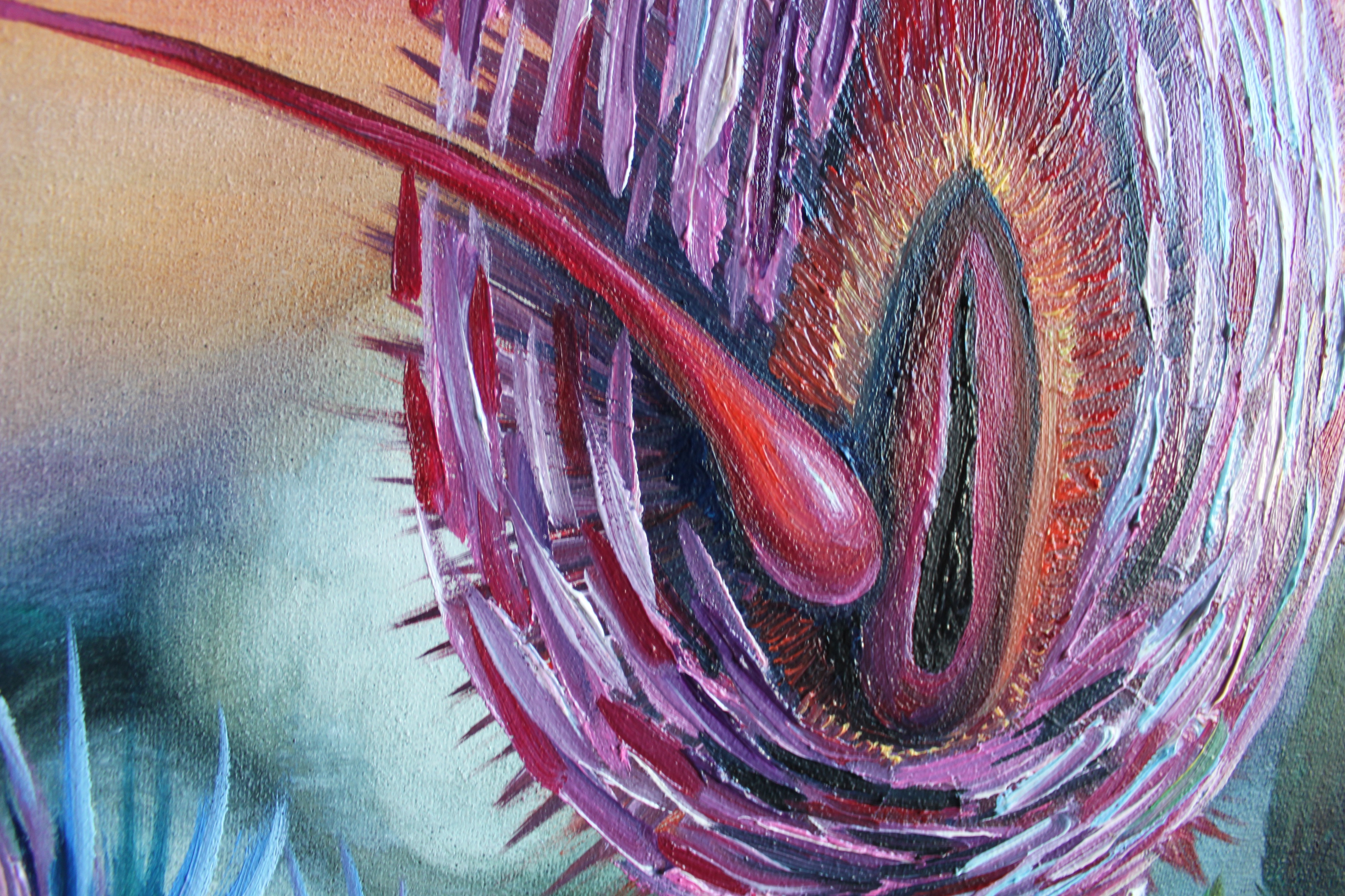 A painting of a thistle flower on a canvas in a room.