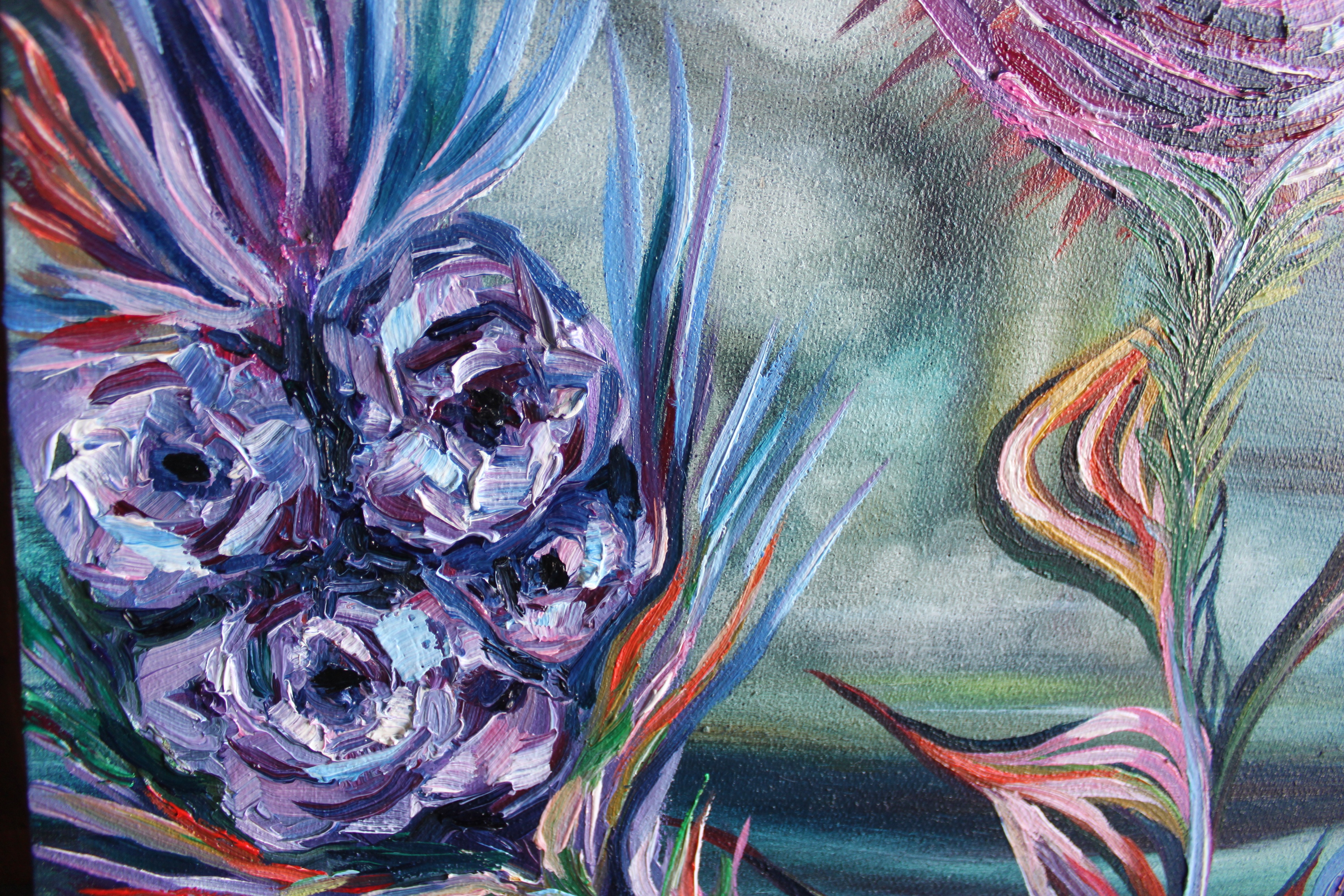 A painting of a thistle flower on a canvas in a room.