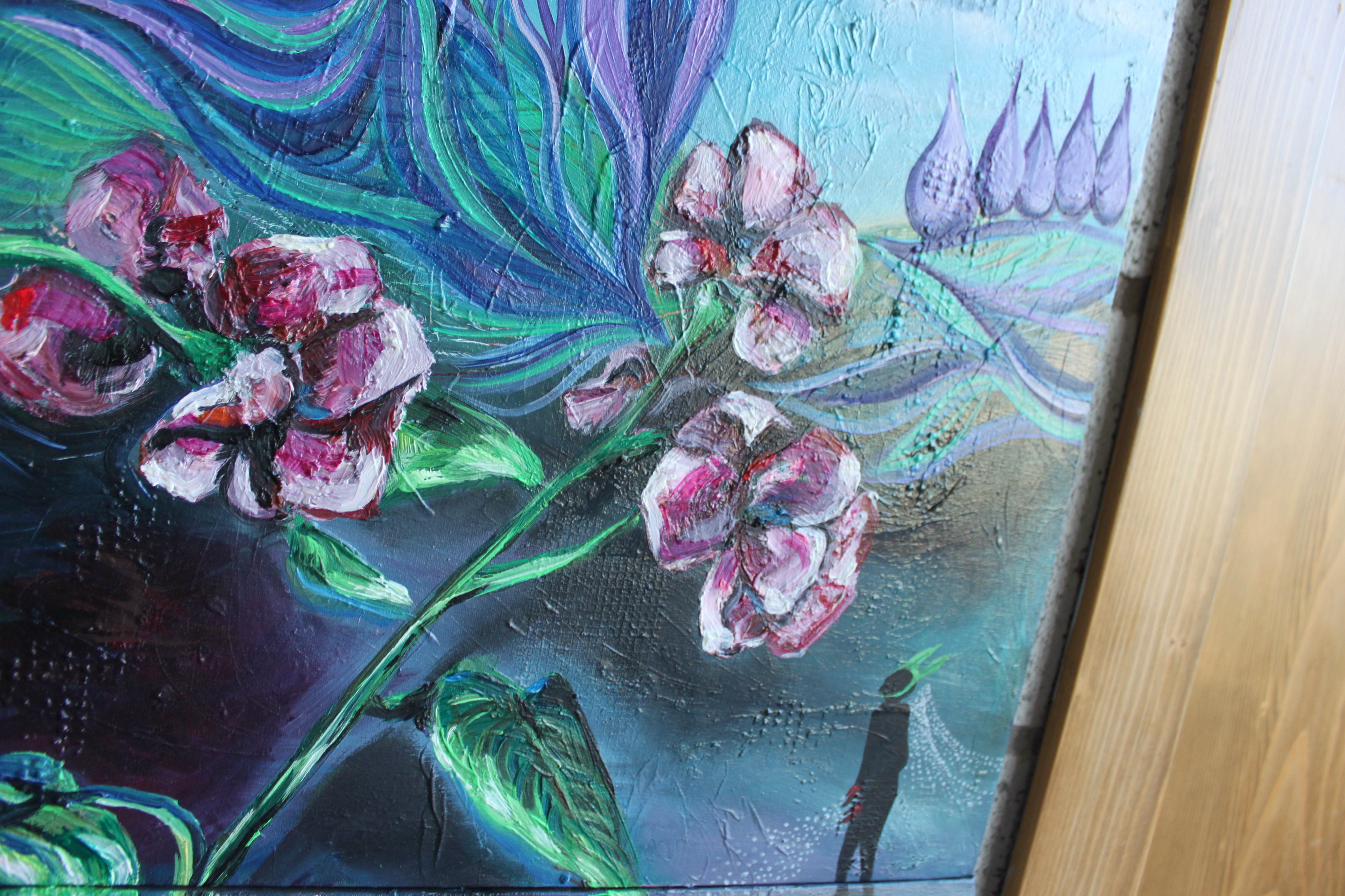 A painting of a flower on a canvas in a room.