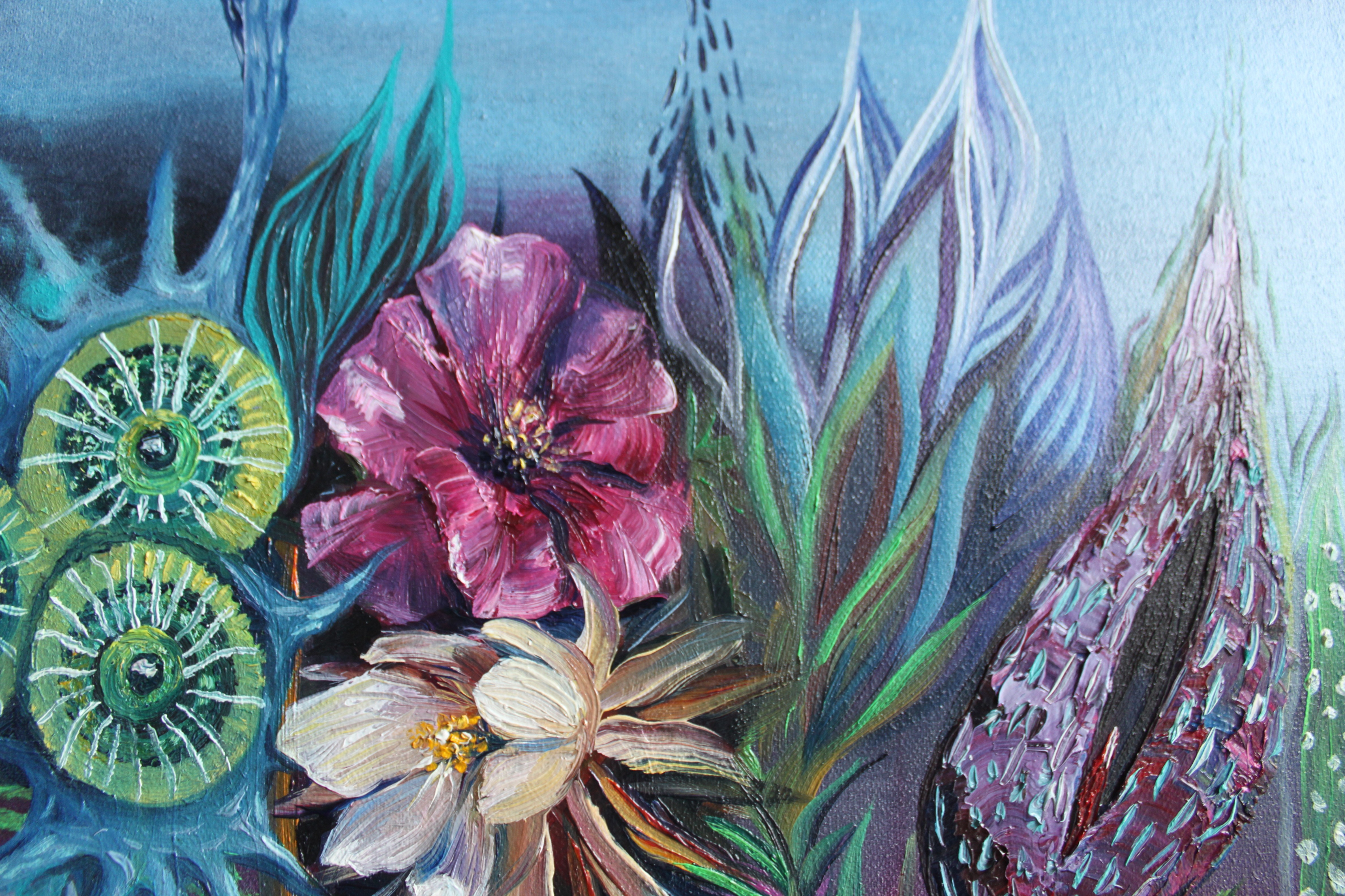 A painting of flowers and plants on a blue background.