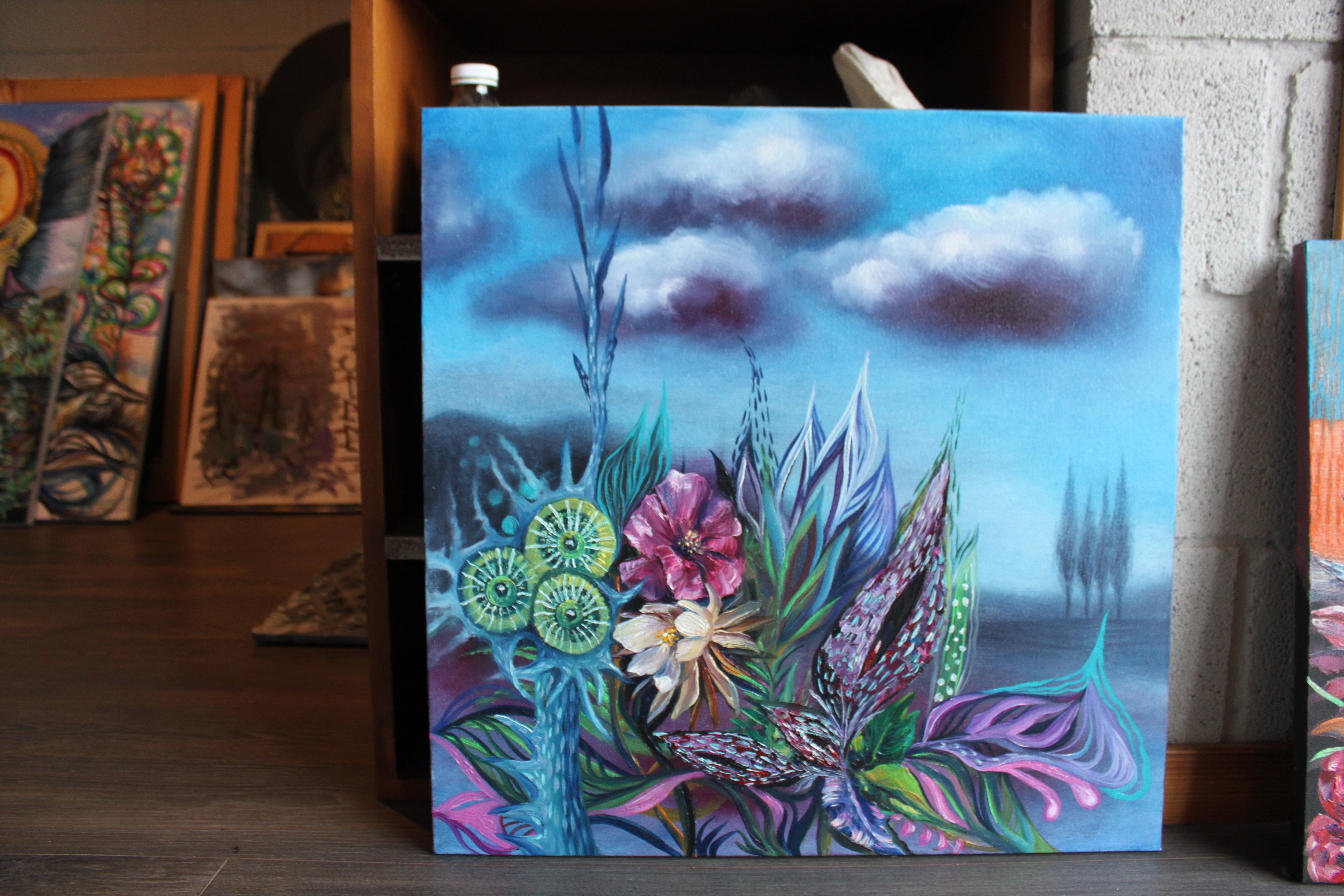 A painting of flowers and plants on a blue background.