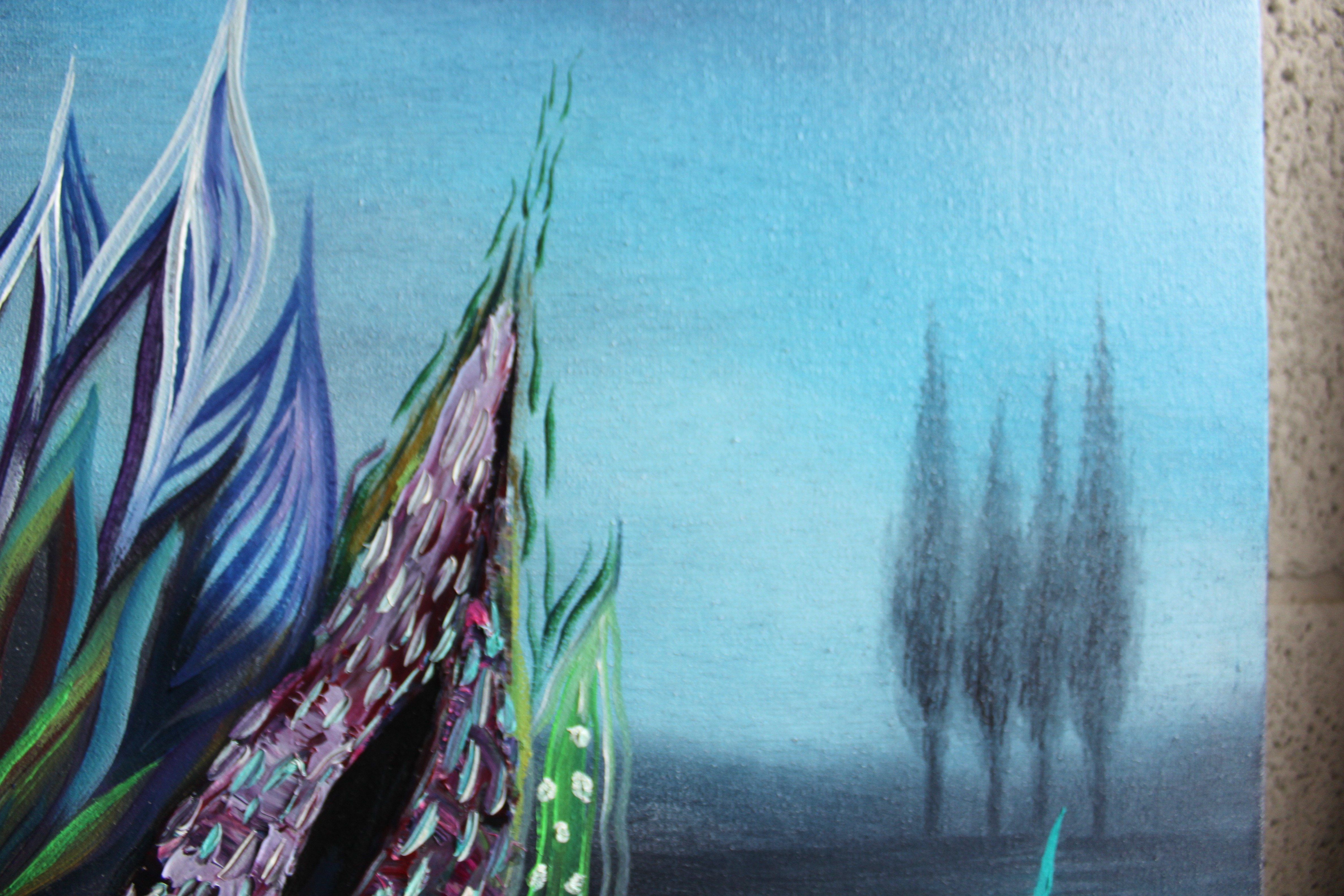 A painting of flowers and plants on a blue background.