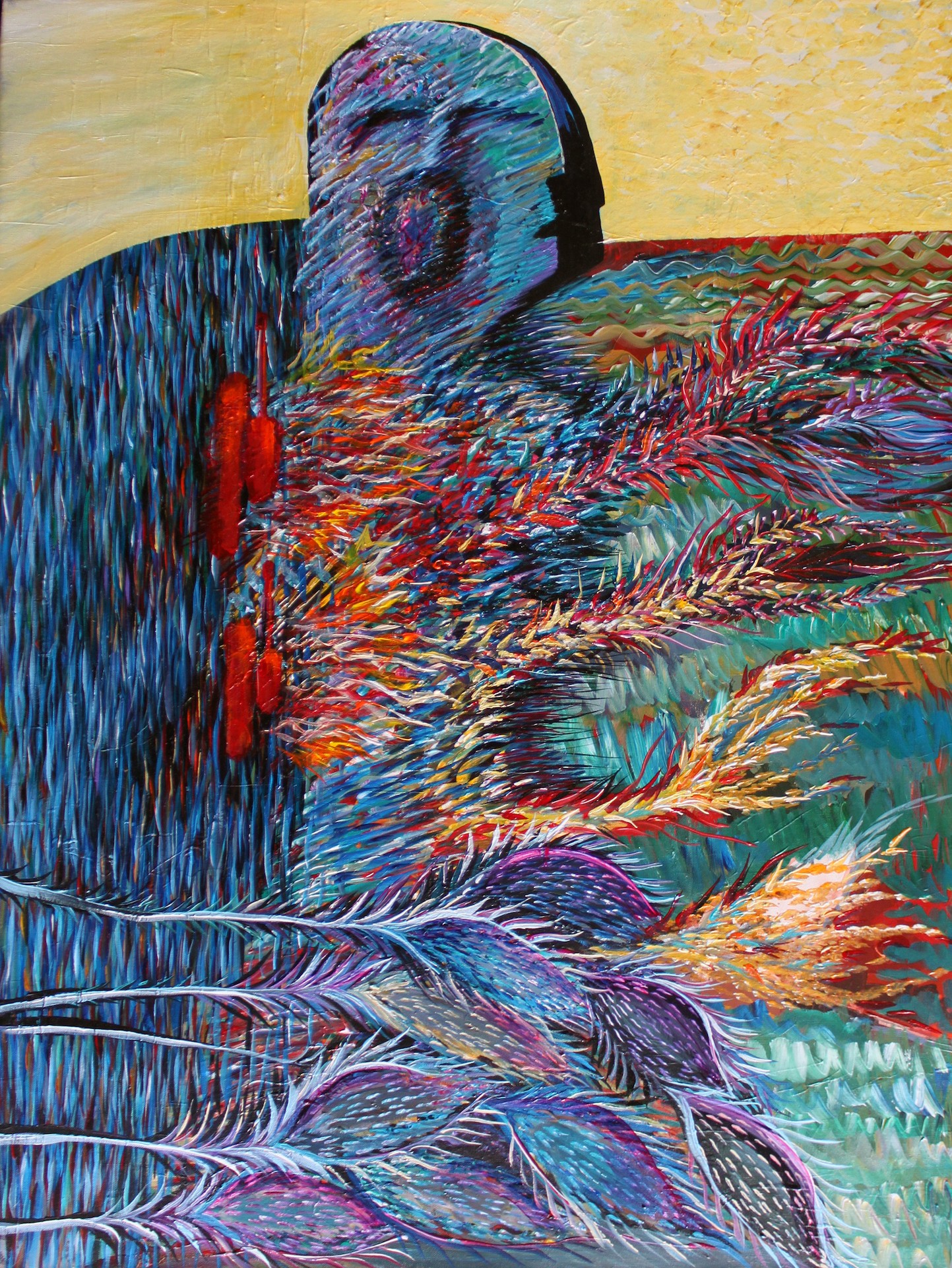 A textured portrait of a figure in profile, rendered with vibrant, feathery brushstrokes against a yellow background.