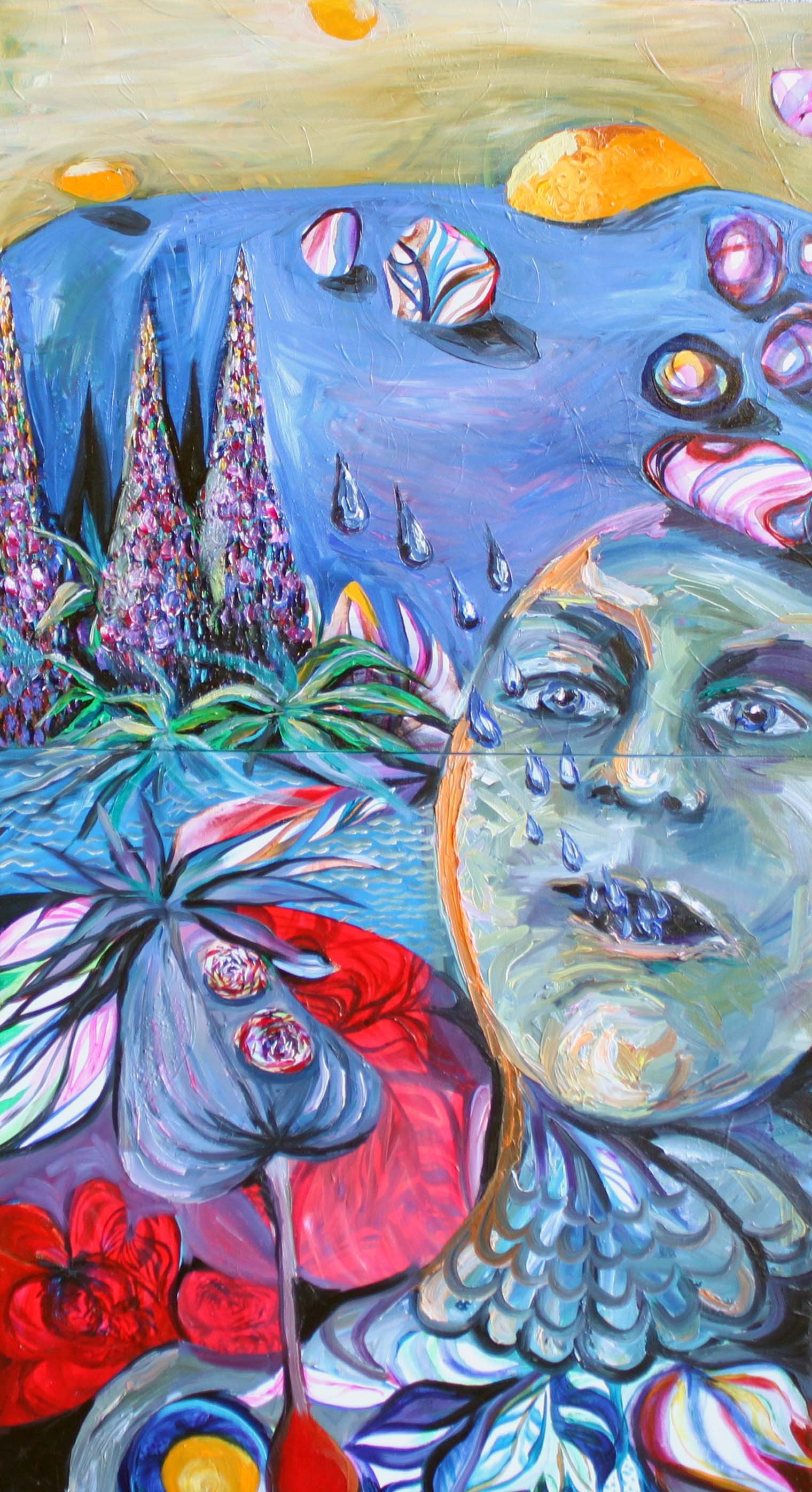 A painting of a woman's face on a wall next to other paintings.