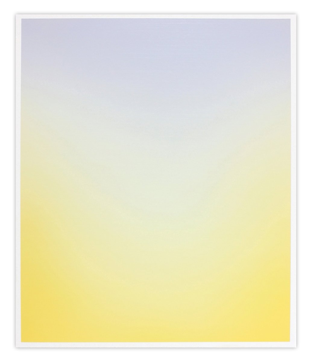 A minimalist abstract piece featuring a smooth gradient from pale lavender to bright yellow.