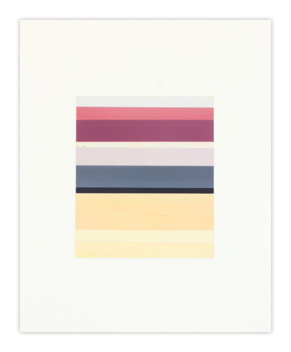 A minimalist abstract piece featuring a vertical stack of horizontal stripes in muted pastel and deep tones.