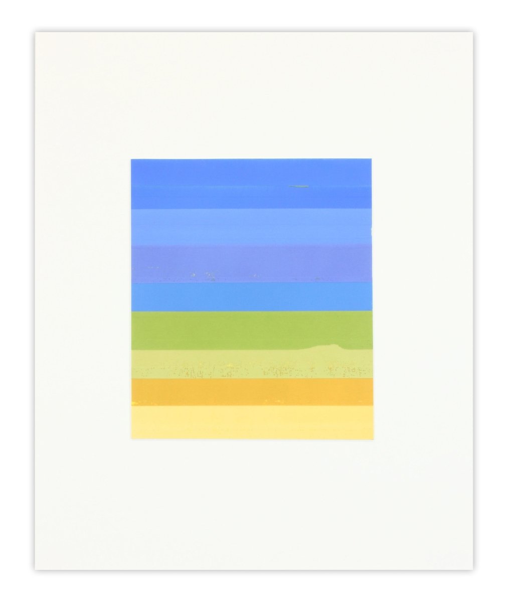 A minimalist abstract print featuring a vertical stack of horizontal bands in soft blues, greens, and yellows.
