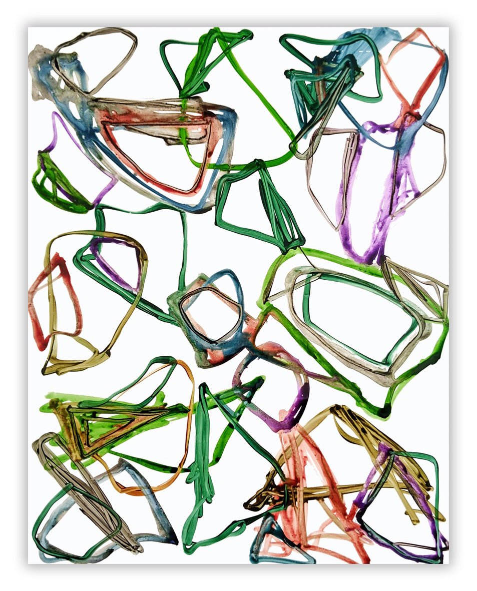 A vibrant abstract composition of tangled, colorful wire-like shapes on a white background.