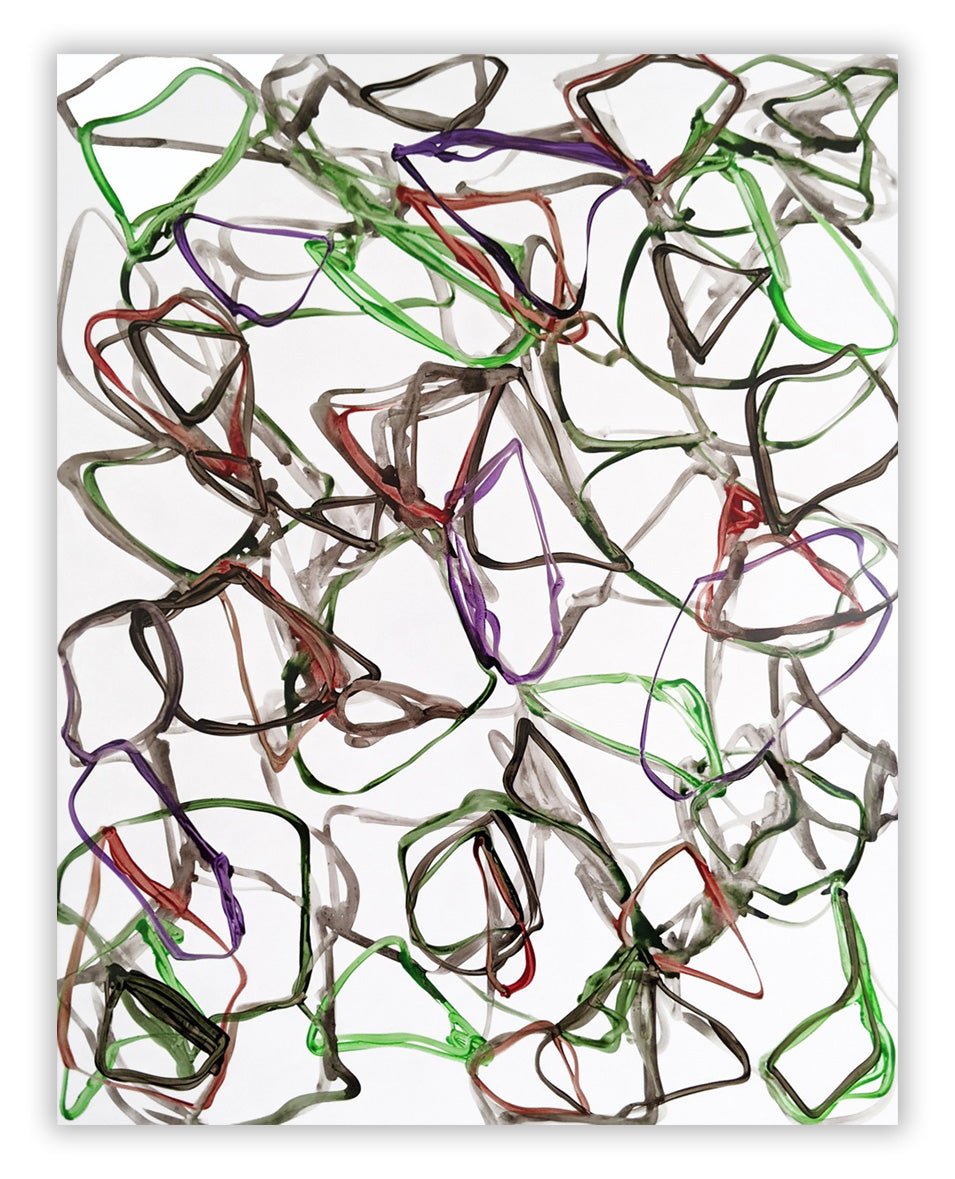 A chaotic abstract composition of tangled, looped lines in muted colors against a stark white background.