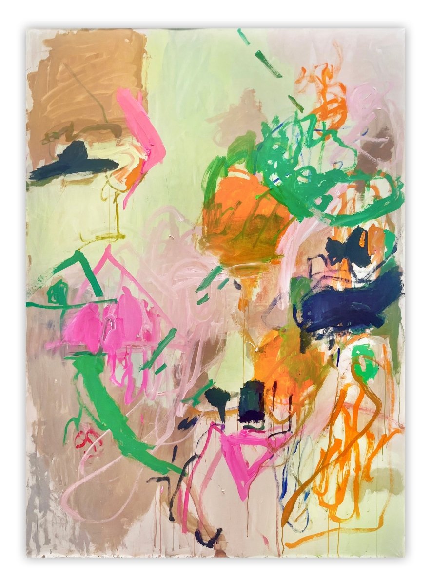 An abstract expressionist painting featuring a chaotic, colorful composition of thick brushstrokes and layered shapes.