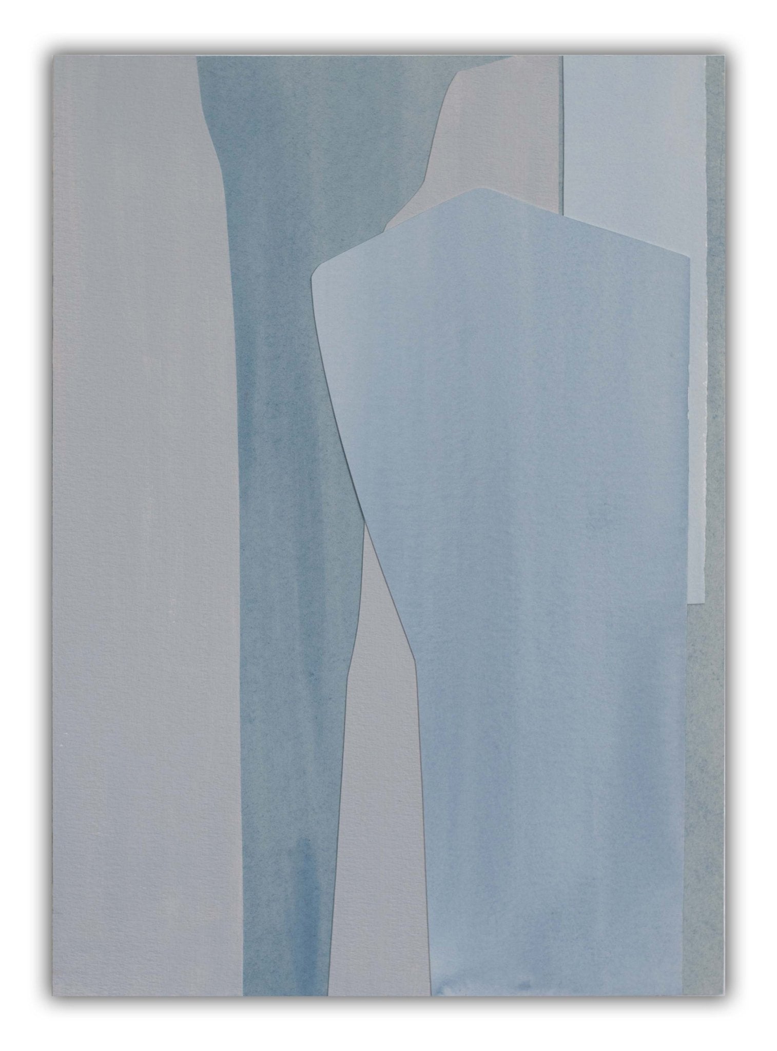 A minimalist abstract composition featuring layered geometric shapes in cool blue and grey tones.
