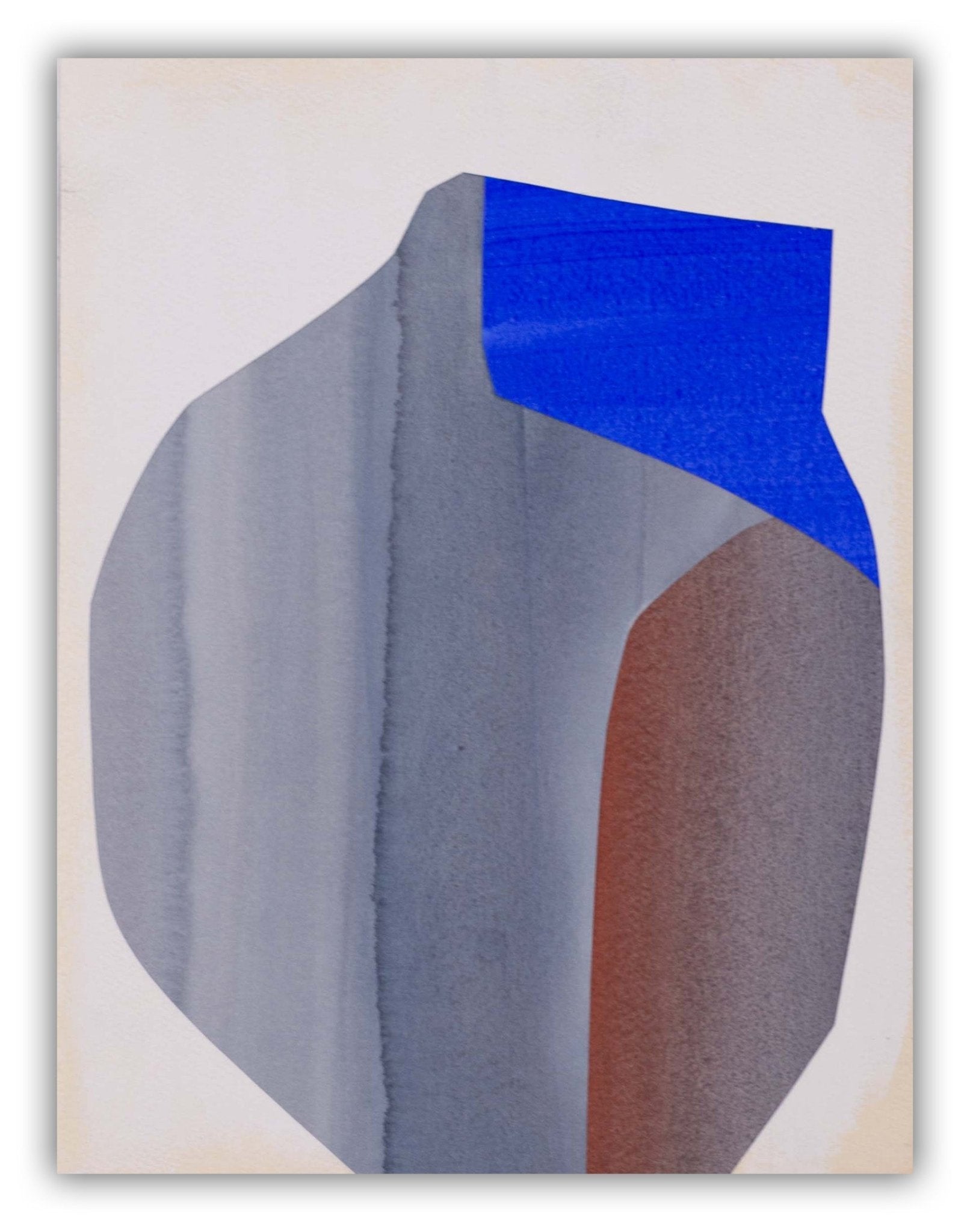 An abstract composition featuring a large, geometric form in muted blue and brown tones against a pale background.