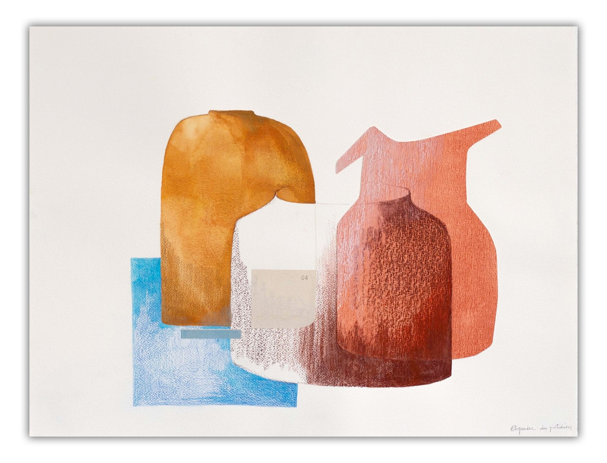 A mixed-media still life featuring two ceramic vessels and a blue geometric base.
