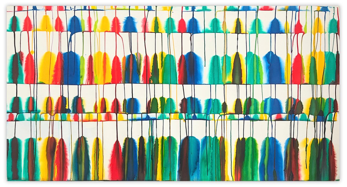 A colorful abstract composition of vertical shapes and dripping paint on a white background.