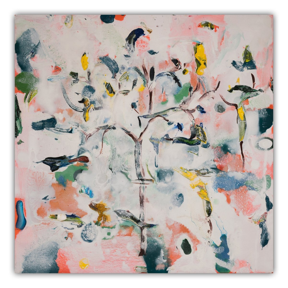 An abstract painting featuring a central tree-like form amidst a vibrant, chaotic background.