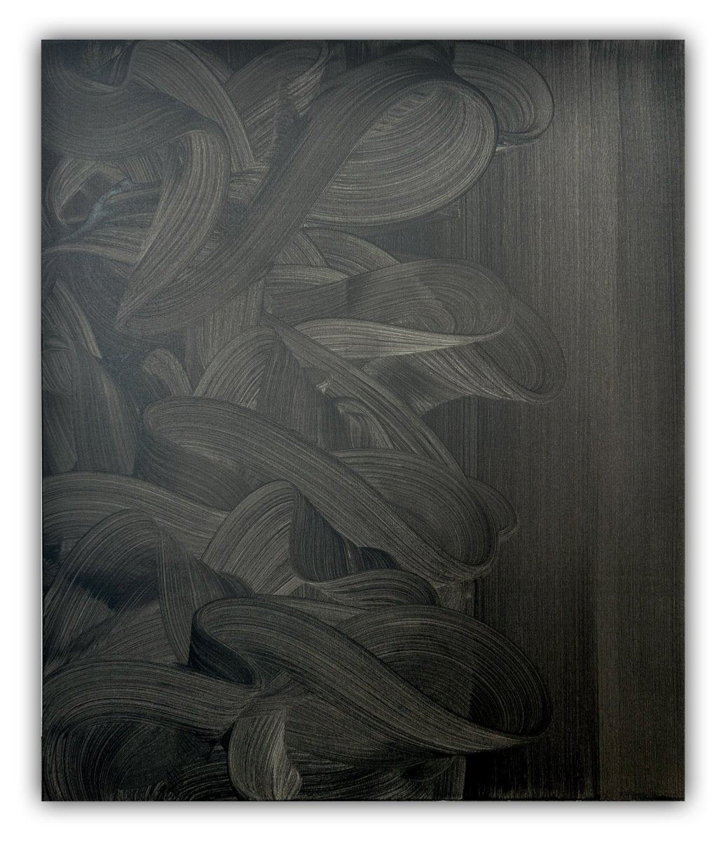 A monochromatic abstract composition featuring tangled ribbons against a textured background.