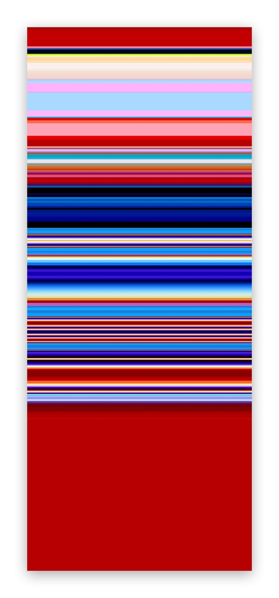 A vertical abstract composition of colorful horizontal stripes against a solid red background.