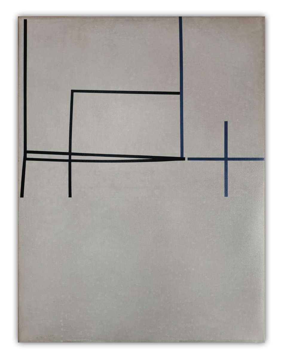 A minimalist abstract composition featuring intersecting black and blue lines on a textured gray canvas.
