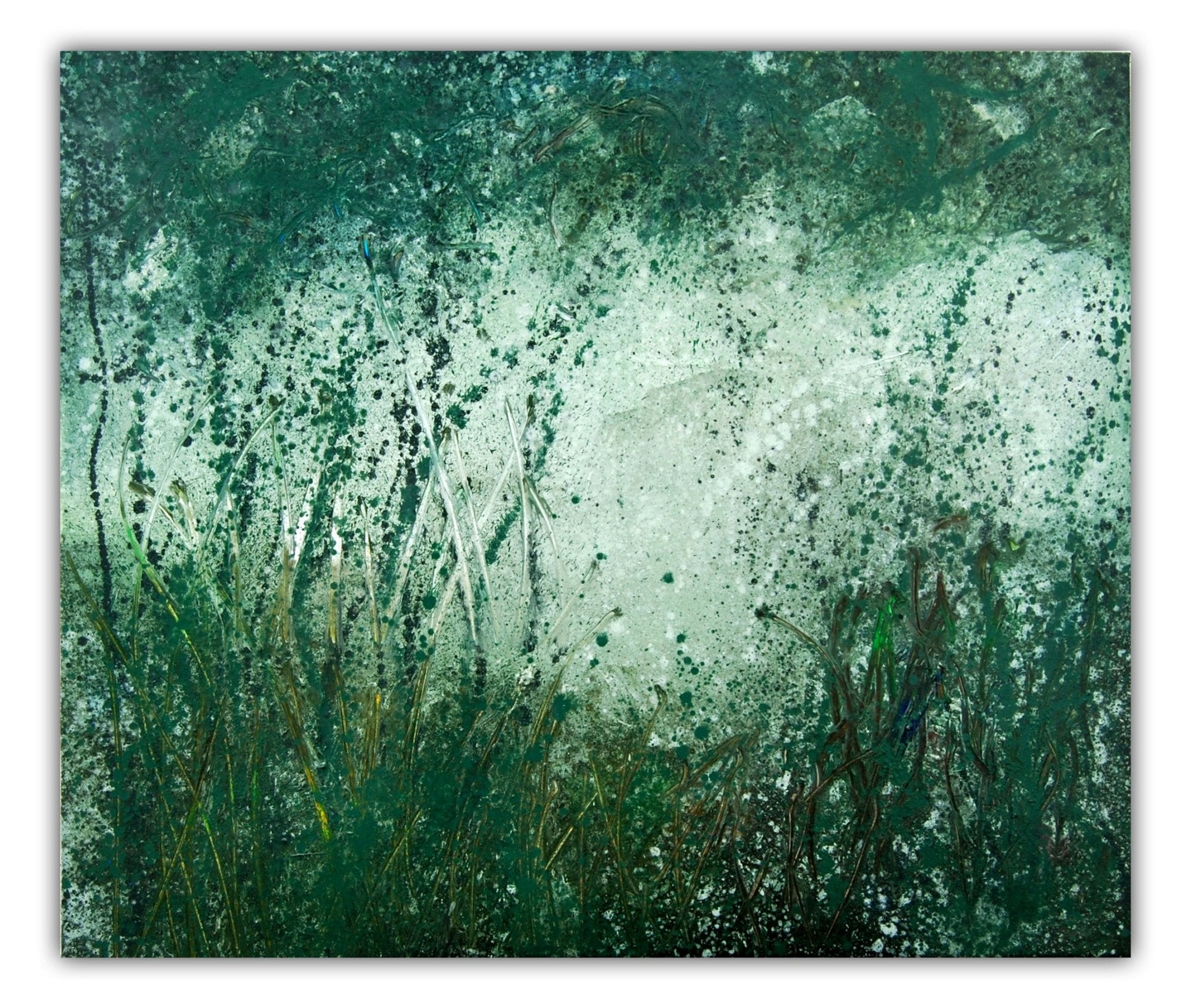 An abstract landscape featuring a grassy foreground and a misty, textured background.