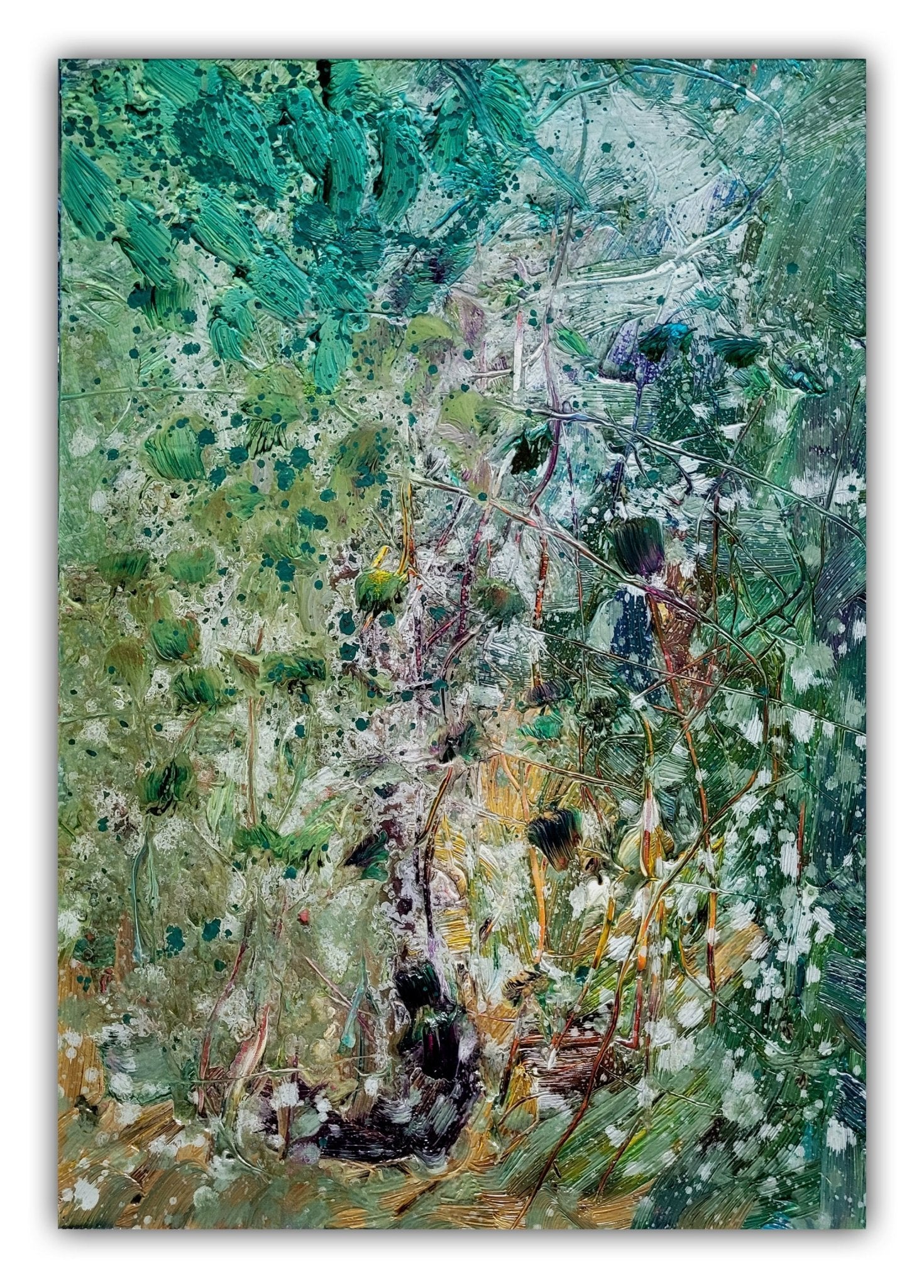 A textured landscape painting of a forest scene rendered in thick, expressive brushstrokes.