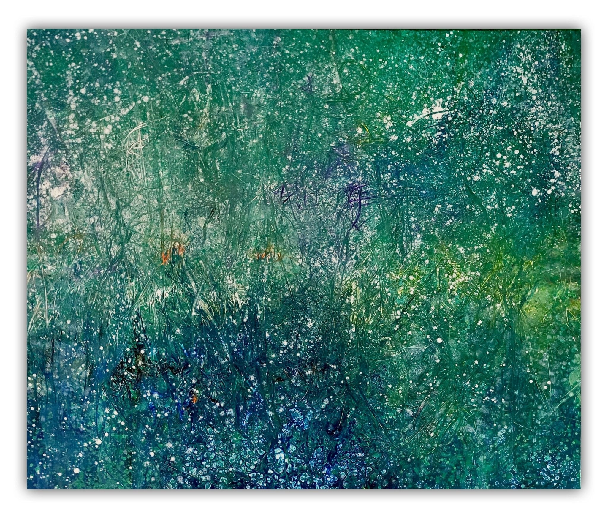 A textured abstract landscape featuring a dense field of tall grasses in cool greens and teals, punctuated by scattered white specks.