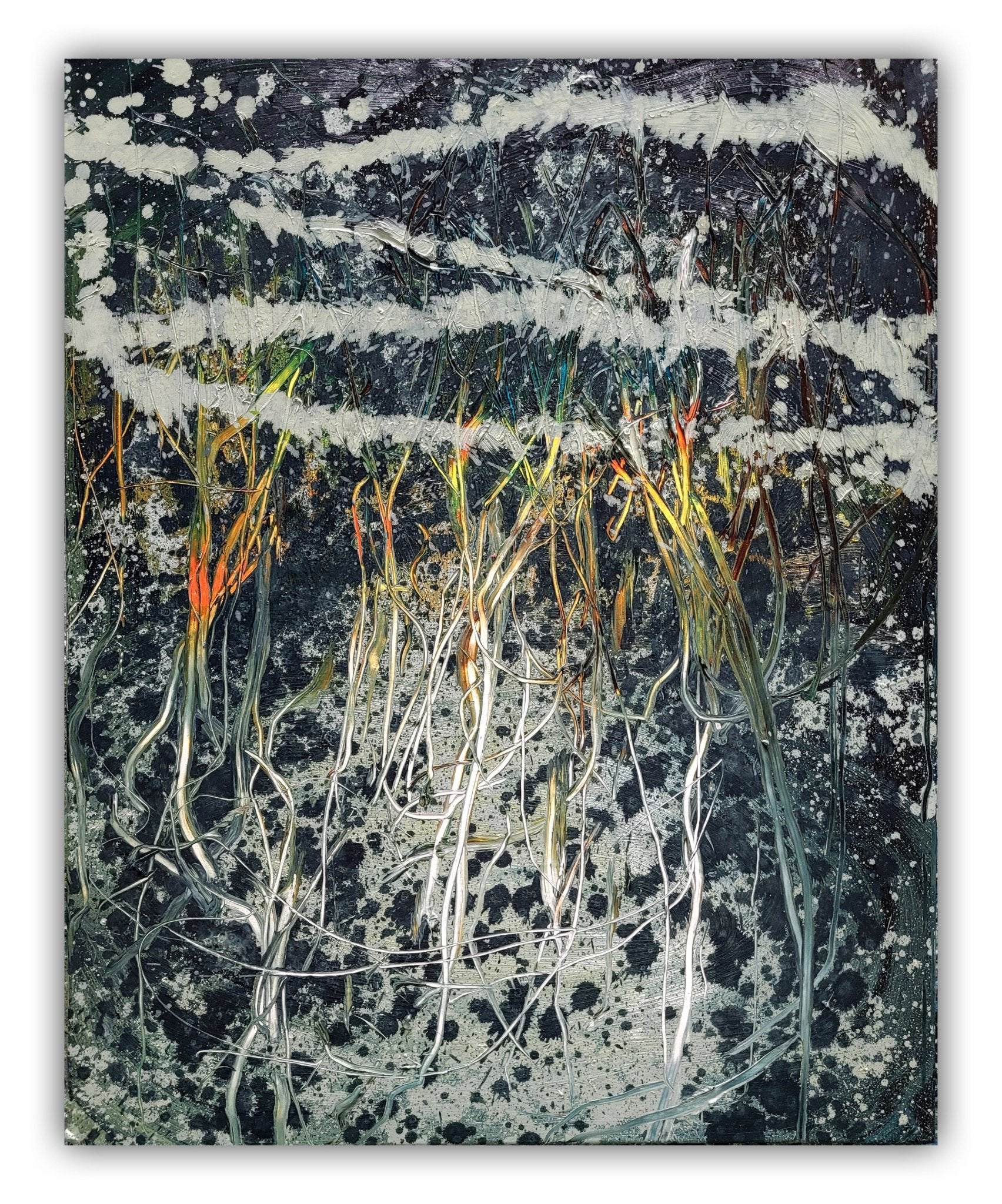 An abstract composition of tangled, root-like forms rising from a dark, textured ground.