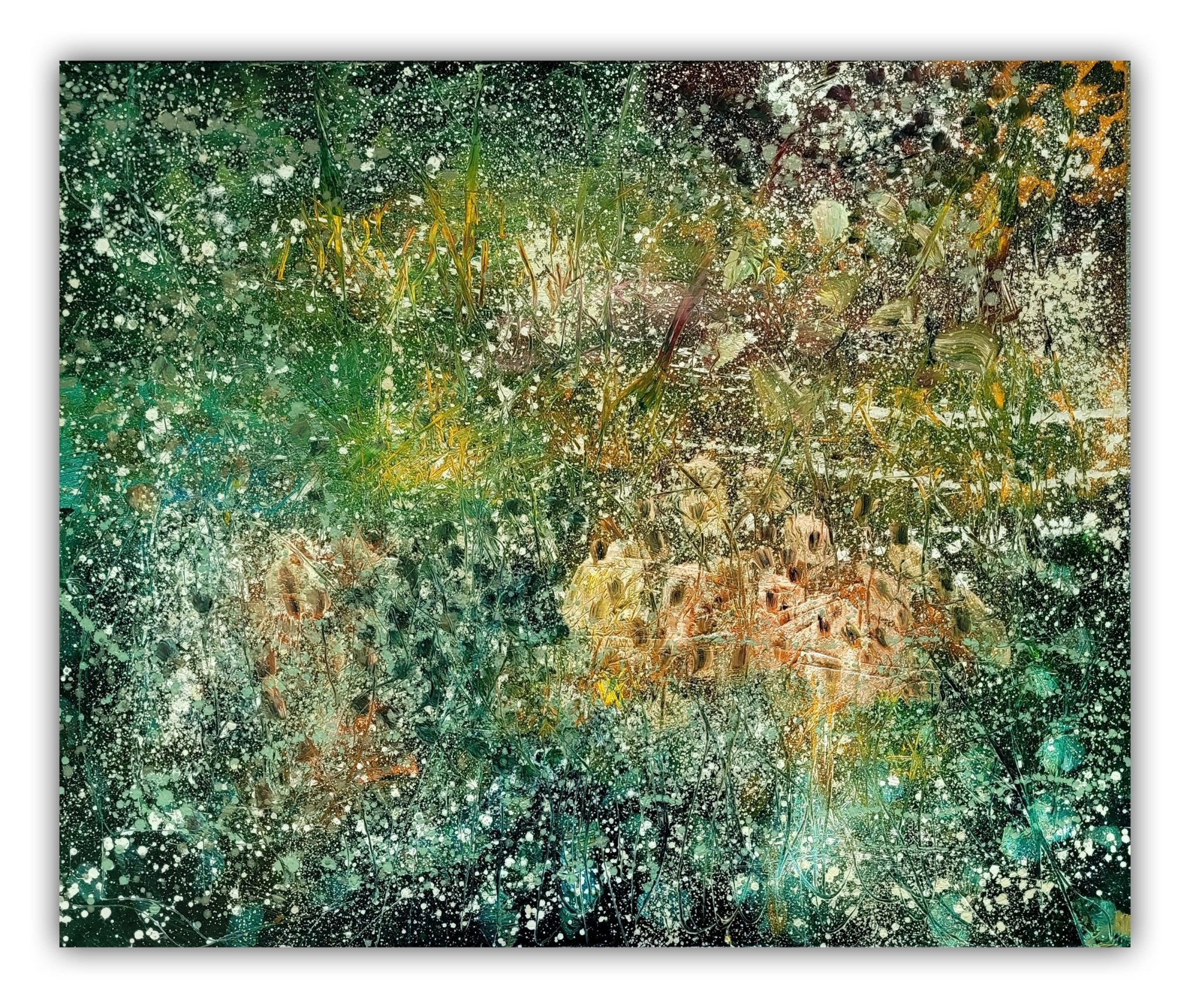 An abstract landscape painting featuring a dense, textured field of green and yellow foliage with white speckles.