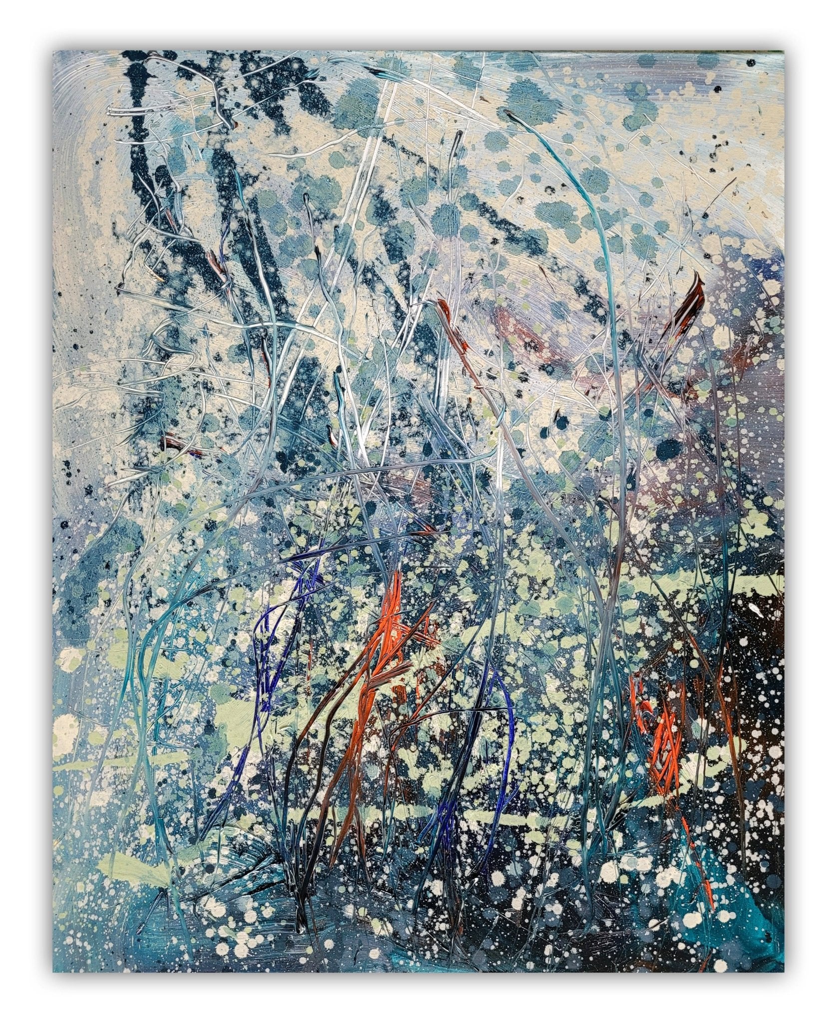 An abstract composition of tangled, grass-like forms rising from a textured, splattered background.