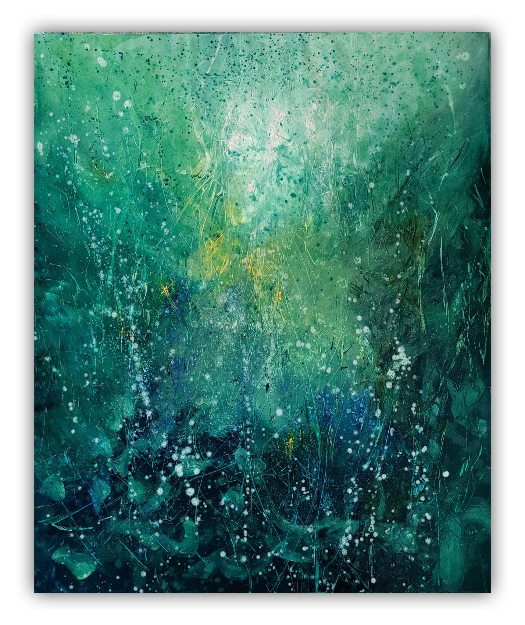 An abstract green and blue painting with a glowing center.