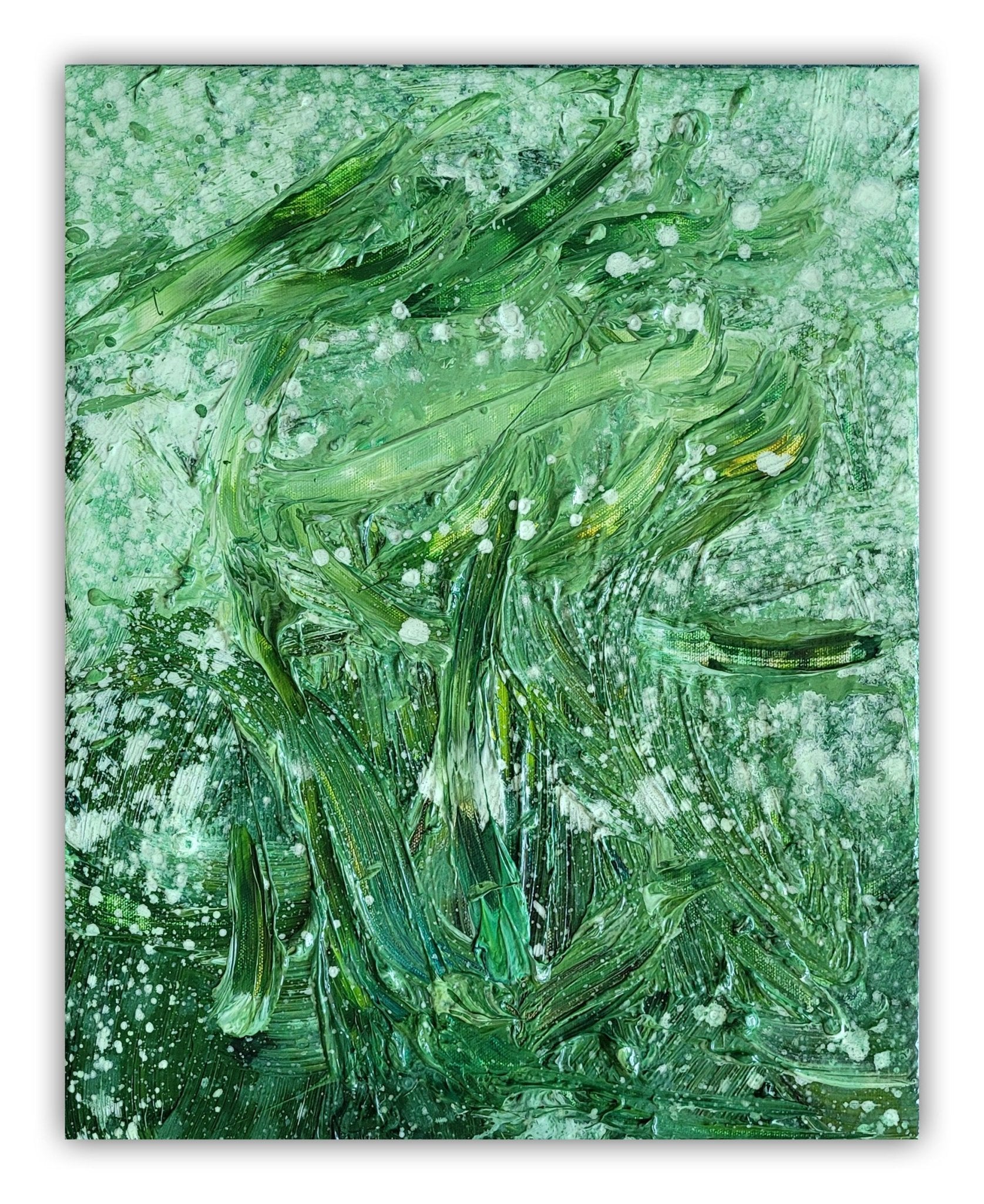 An abstract oil painting featuring a face formed by thick green brushstrokes and white splatters.